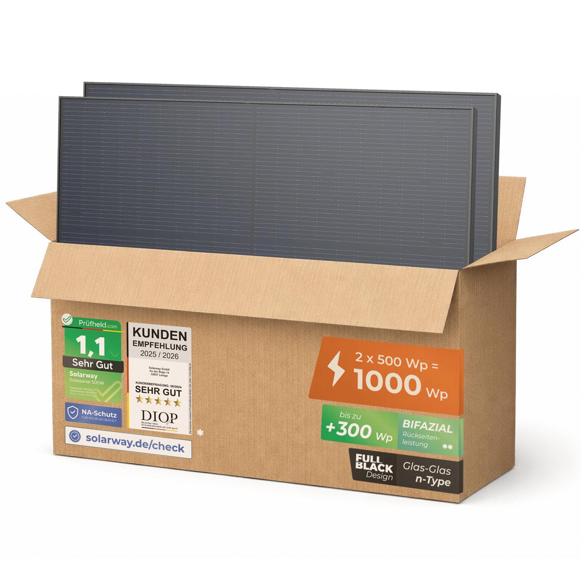 Solarway 2x 500W Solarpanel Full Black Bifazial Glas/Glas PV Panel für Balkonkraftwerk Versandkostenfrei! AMAZON für 178€ (-18%)