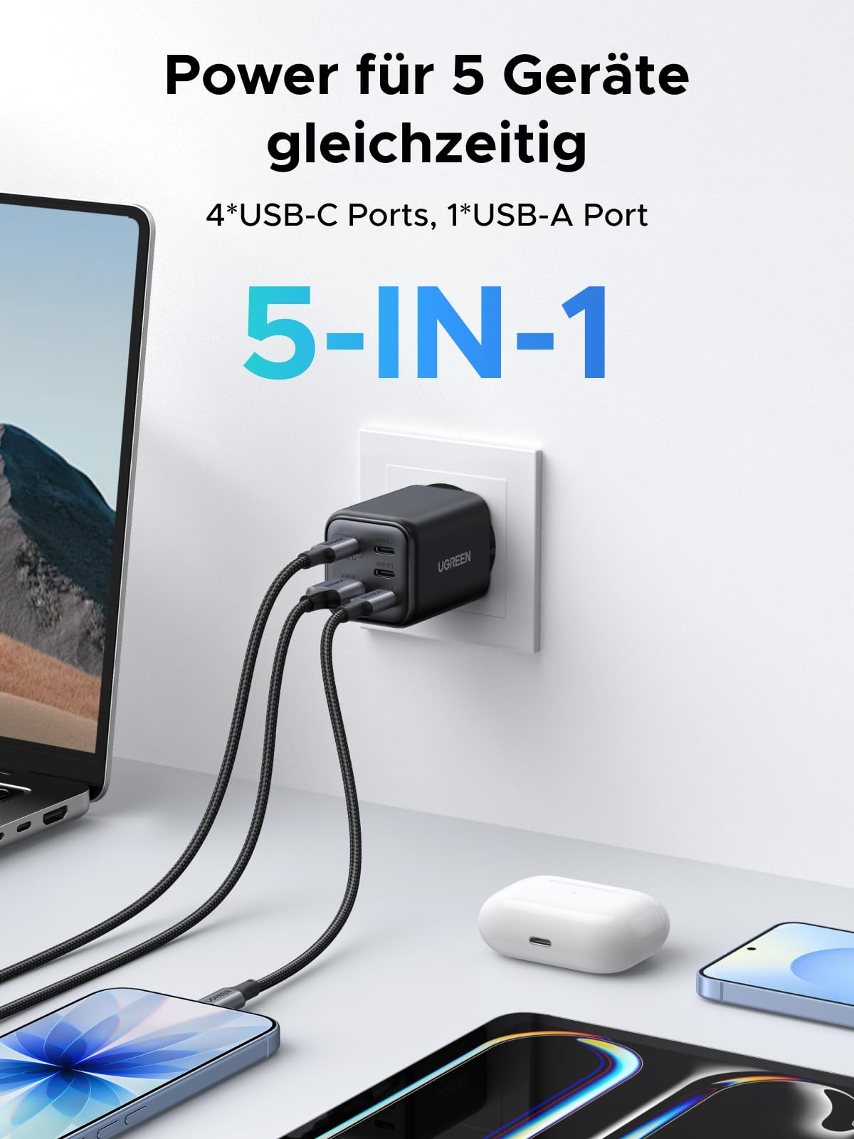 UGREEN 45W USB C Ladegerät 5-Port GaN Reise Schnellladegerät PPS Netzteil PD Charger für 16€ (-27%)