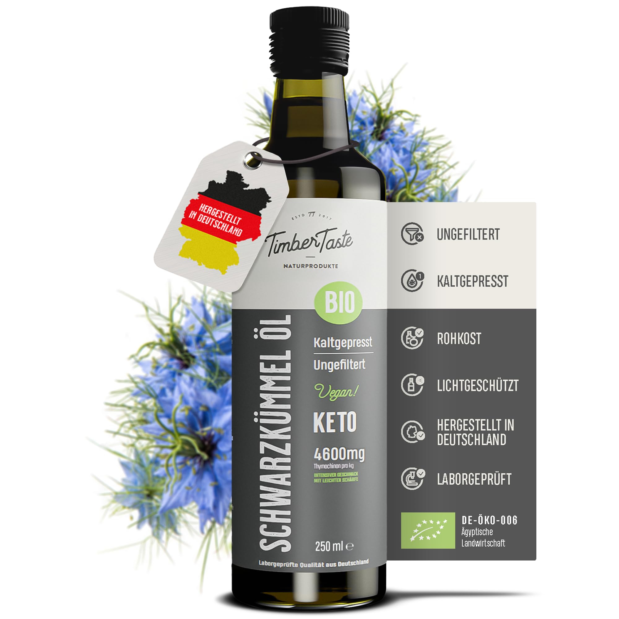 Bio Schwarzkümmelöl ungefiltert 250ml | mit Amazon | Hoher Thymochinongehalt (4600 mg/1000 ml) | Deutsche Ölmanufaktur für 11€ (-15%)