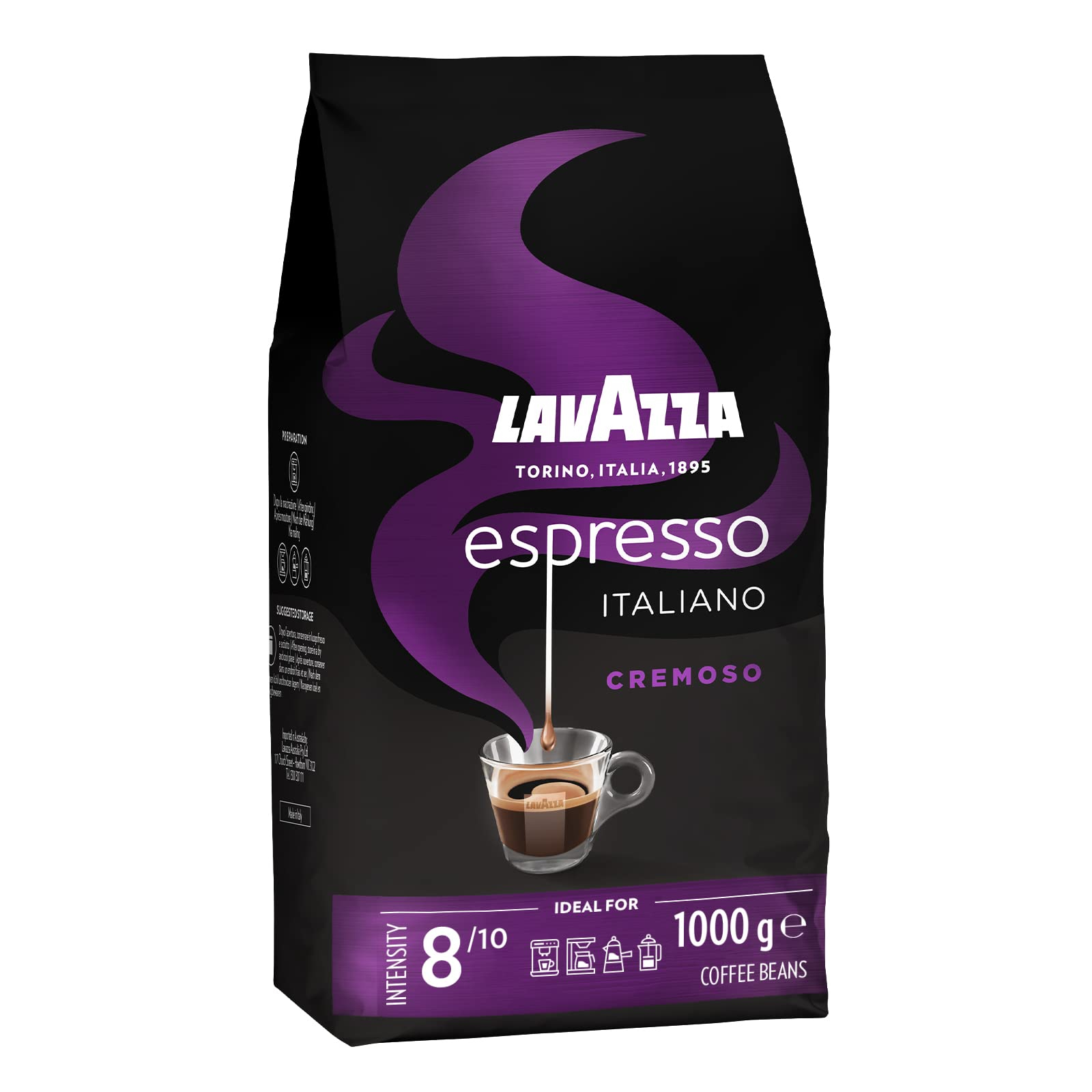 Lavazza, Espresso Italiano Cremoso, Arabica und Robusta Kaffeebohnen, mit Aromanoten von Gewürzen und Kakao, Intensität 8/10 SPARABO für 13€ (-34%)