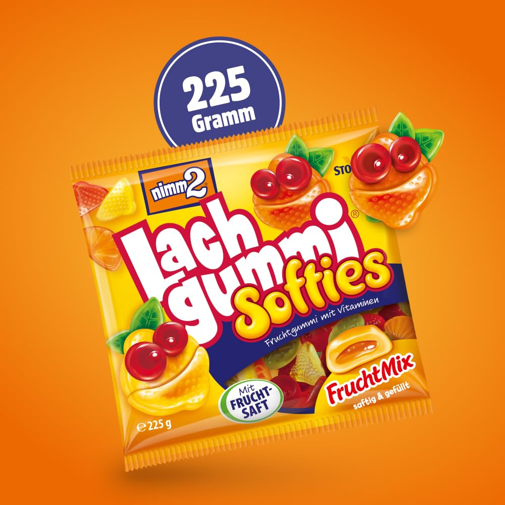 nimm2 Lachgummi Softies FruchtMix, 225g, gefüllte Fruchtgummis in 6 Sorten mit Fruchtsaft-Füllung & Vitaminen für 1€ (-19%)