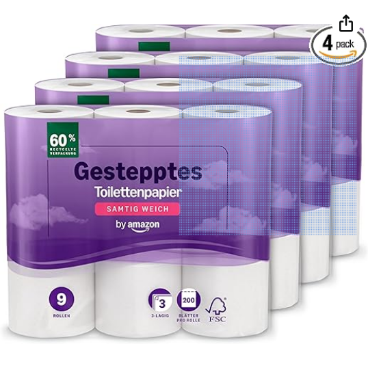 Toilettenpapier, 3-lagig, gesteppt, samtig weich | 36 Rollen je 200 Blätter | pro Set nur 11,65 € | ab 4 Sets nur je 10,35 €, +sparabo für 12€ (-23%)