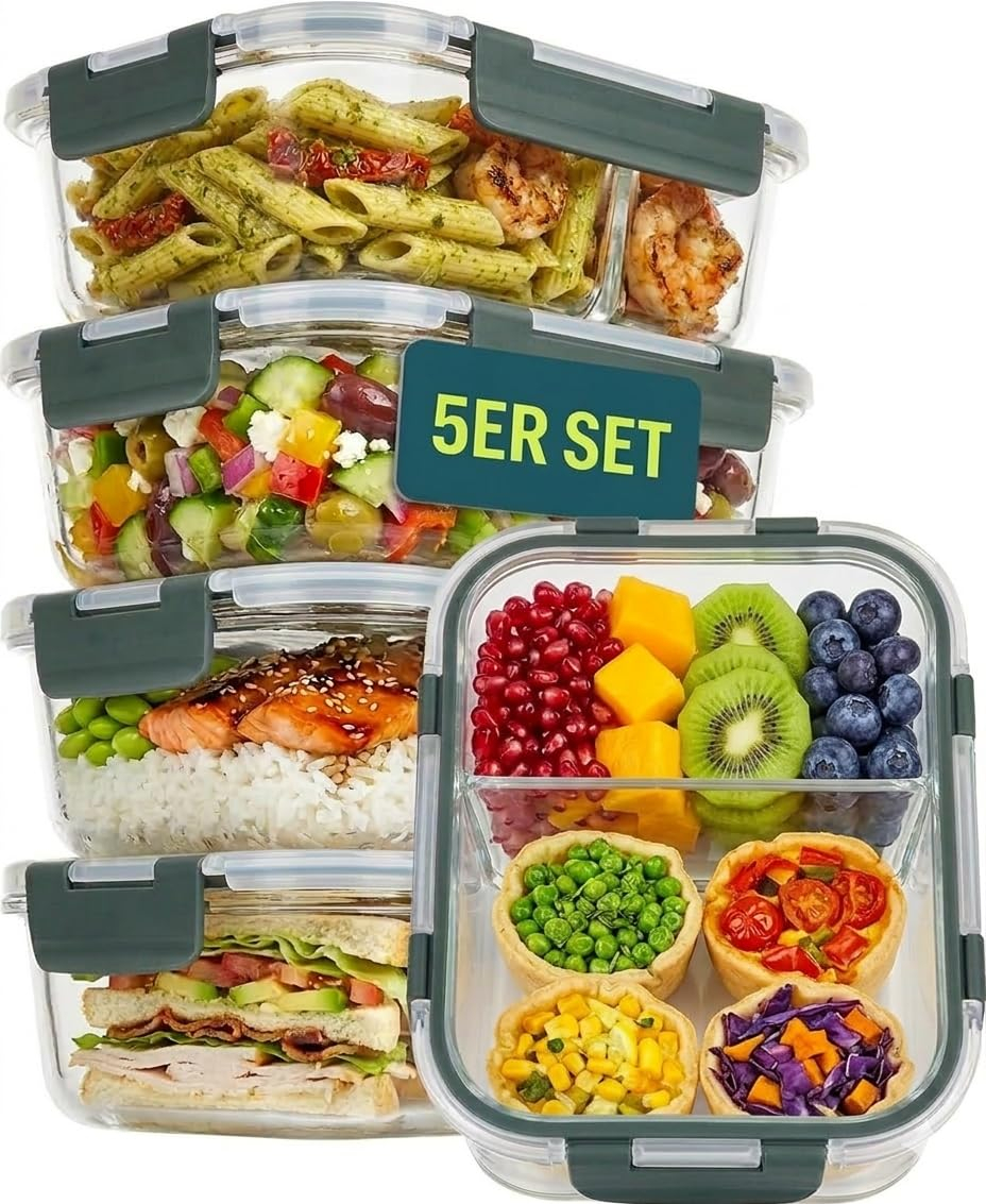 uandu Glasbehälter mit Deckel, 10- teilig, mit 2 Fächern, Borosilikatglas mit Deckel, Meal prep Gläser, Frischhaltedosen Glas mit Deckel für 19€ (-32%)