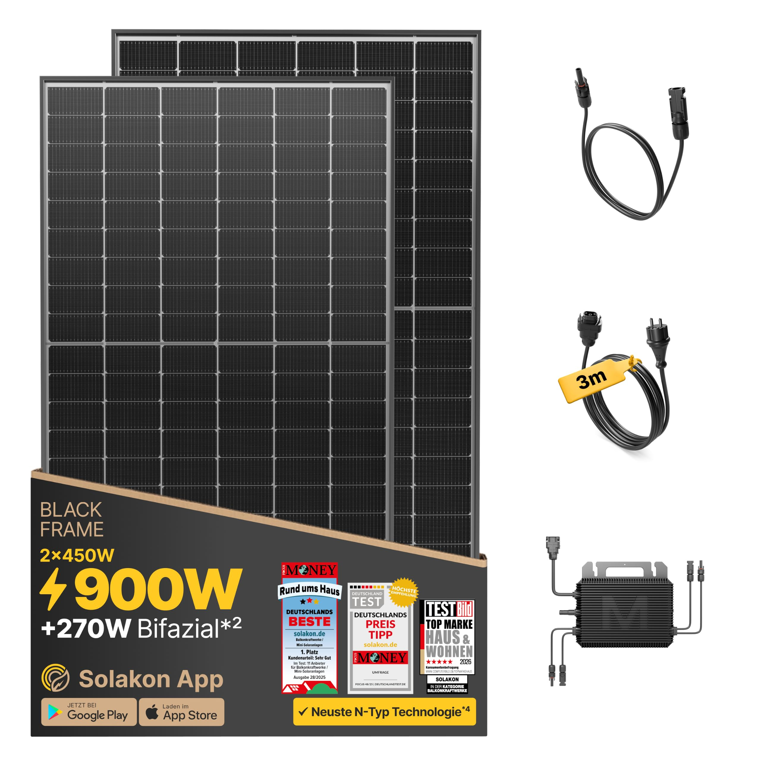 Solakon 900W Balkonkraftwerk / Marstek 800 Watt Wechselrichter / 450W bifaziale Solarmodule inkl. Zubehör – 3m Kabel für 245€ (-18%)