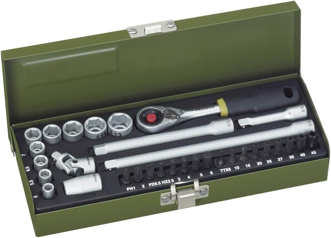 Proxxon Feinmechaniker Steckschlüsseleinsatz 32-tlg. (23078) Werkzeug-Set mit Stahlkasten für 33€ (-24%)