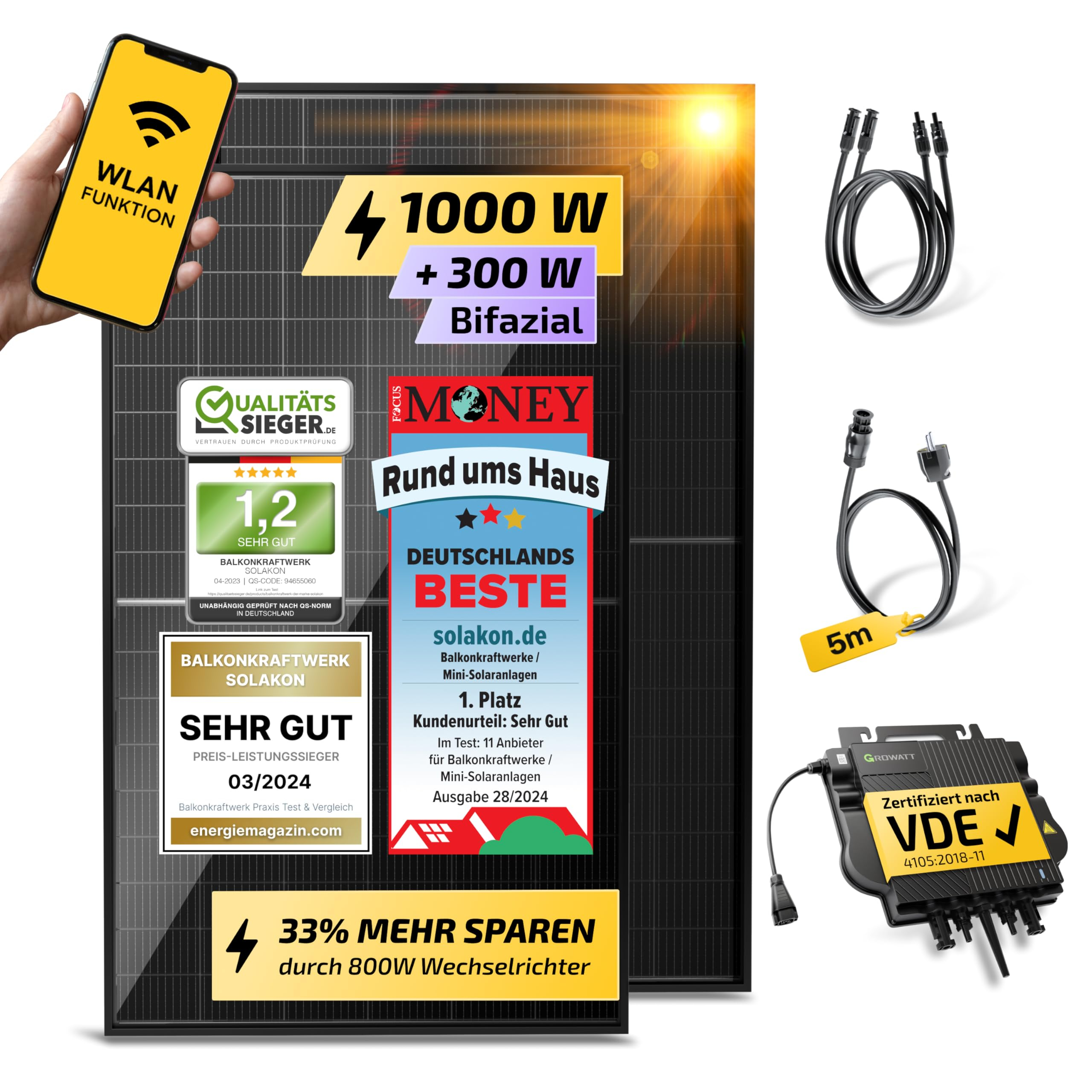 Solakon 1000W – Balkonkraftwerk – neuester 800 Watt Wechselrichter inkl 5M Kabel oder 900W für 270€ (-18%)