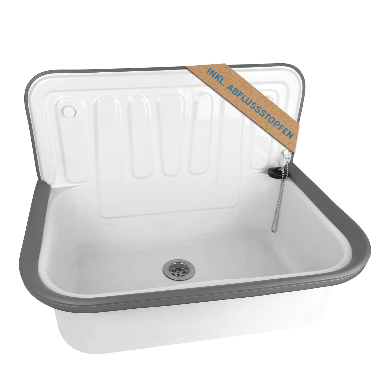 kör4u Ausgussbecken weiß 50cm, aus robustem Stahl inkl. Abflussstopfen für 37€ (-25%)