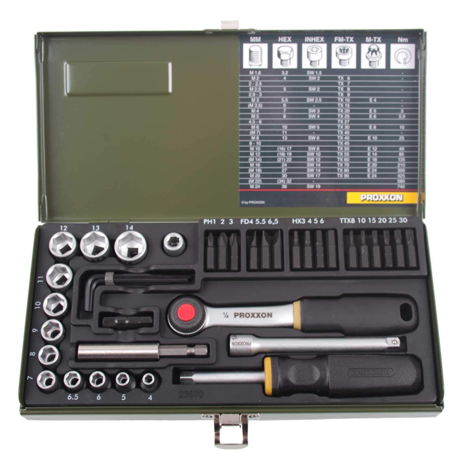Proxxon Steckschlüsselsatz, Schraubersatz mit 1/4″-Umschaltratsche, Schraubendrehergriff und Magnethalter, 39-teilig mit Stahlkasten, 23070 für 29€ (-21%)