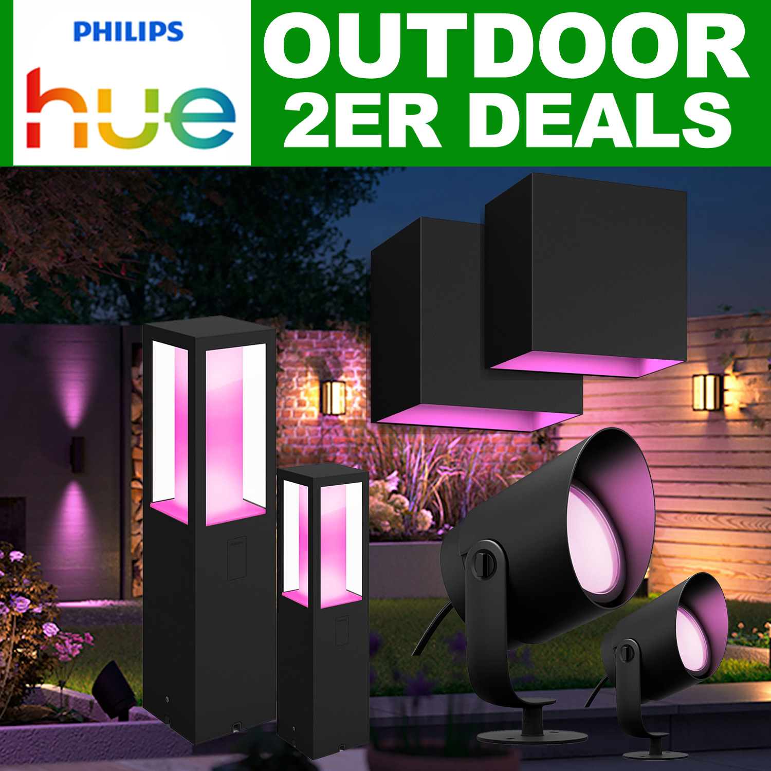 Philips Hue OUTDOOR 2er DEALS: Resonate Lily XL Impress Calla Nyro Flux 10m Daylo Festavia 40m Appear Netzteil – pro Stück teils TIEFPREIS für 156€ (-17%)
