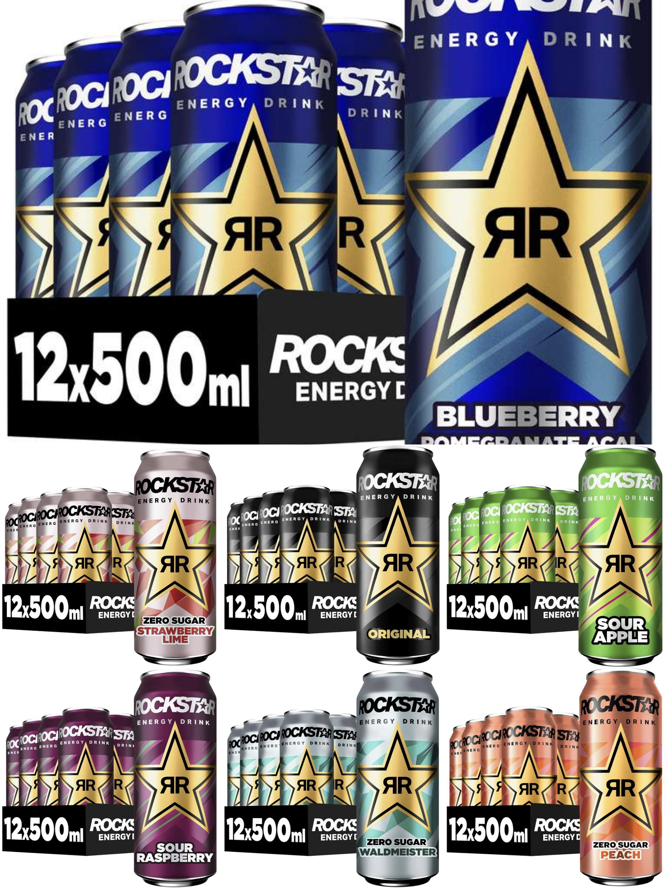 Sammeldeal Rockstar Energy Drink: Blueberry, Strawberry Lime – Zero Sugar, Original, Sour Apple, Sour Raspberry, Waldmeister Zero, Peach für 9€ (-40%)