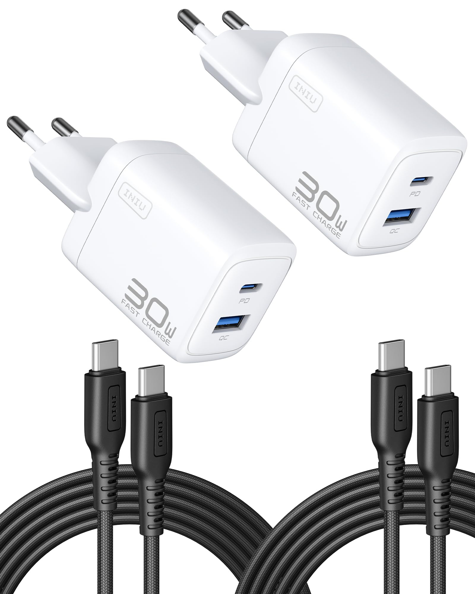 2-Pack INIU 30W USB C Ladegerät, GaN Schnellladegerät mit 1,5m 60W Kabel, Weiß für 10€ (-39%)