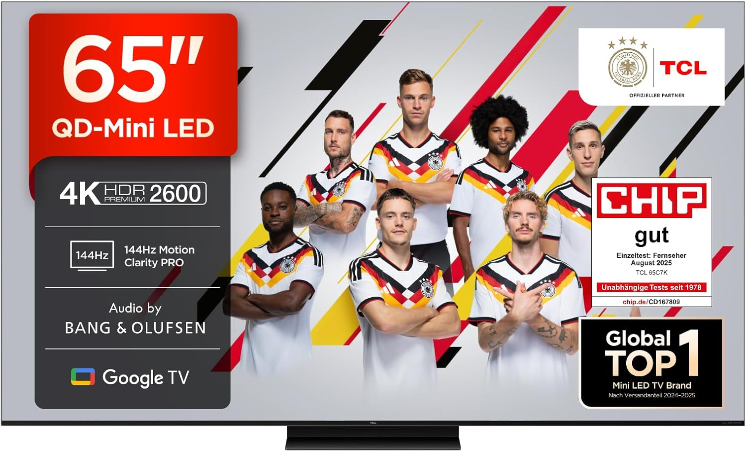 TCL 65C7K QD-Mini LED Fernseher mit 65 Zoll, 4K UHD, 144Hz, HDMI 2.1, Google TV (Amazon, Media Markt) für 649€ (-7%)