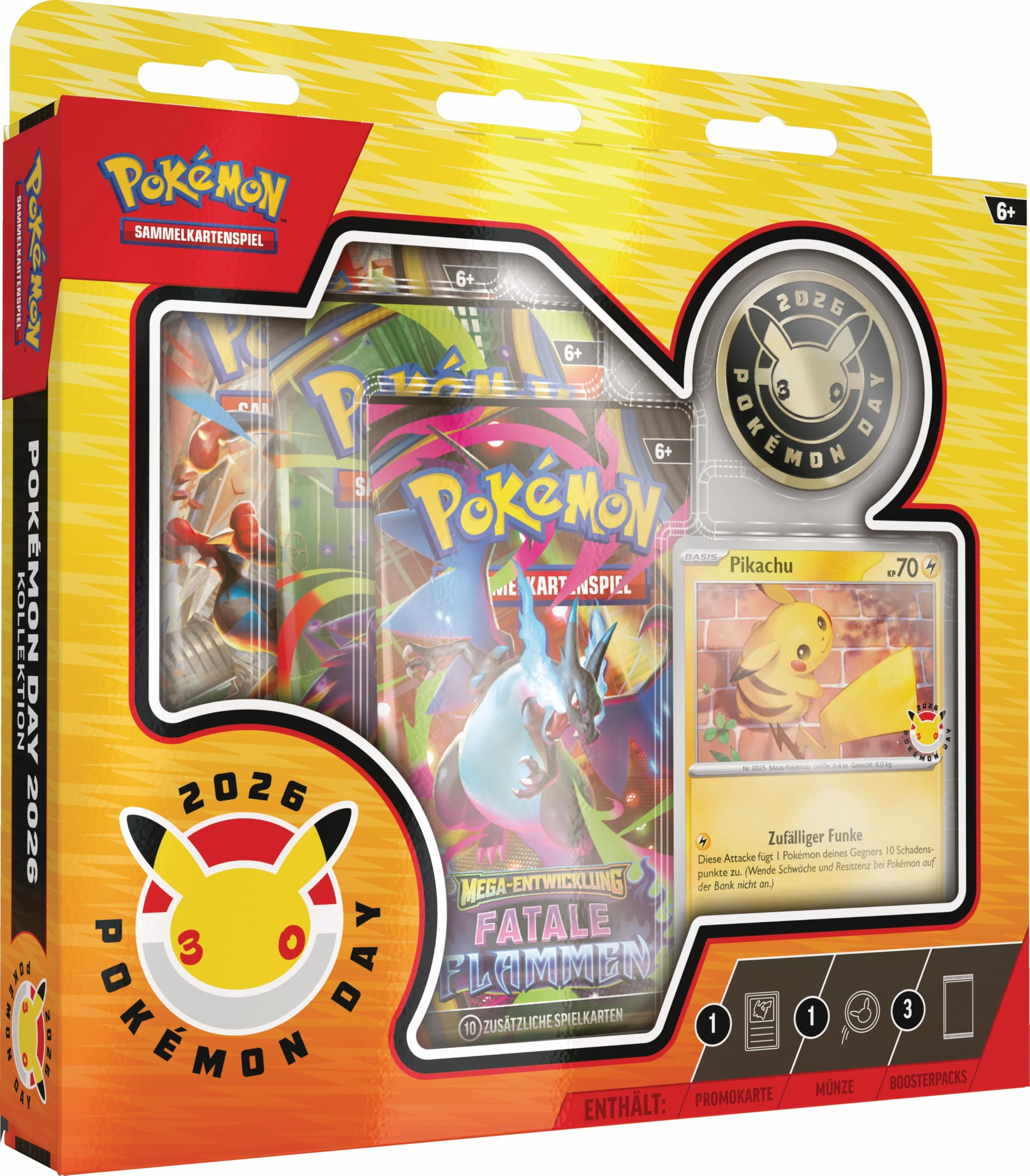 Pokemon Pikachu Jubiläum Kollektion Pokémon Day 2026 (1 holografische Promokarte, 1 Münze und 3 Boosterpacks) (Einladung) für 18€ (-33%)