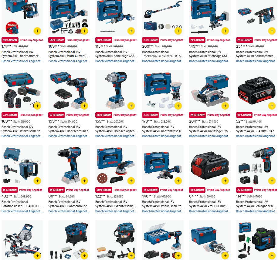 [ Day] – Sammeldeal Bosch Professional 18V / Übersicht vieler 18V Akku Geräte mit Idealo Preisvergleich für 84€ (-16%)