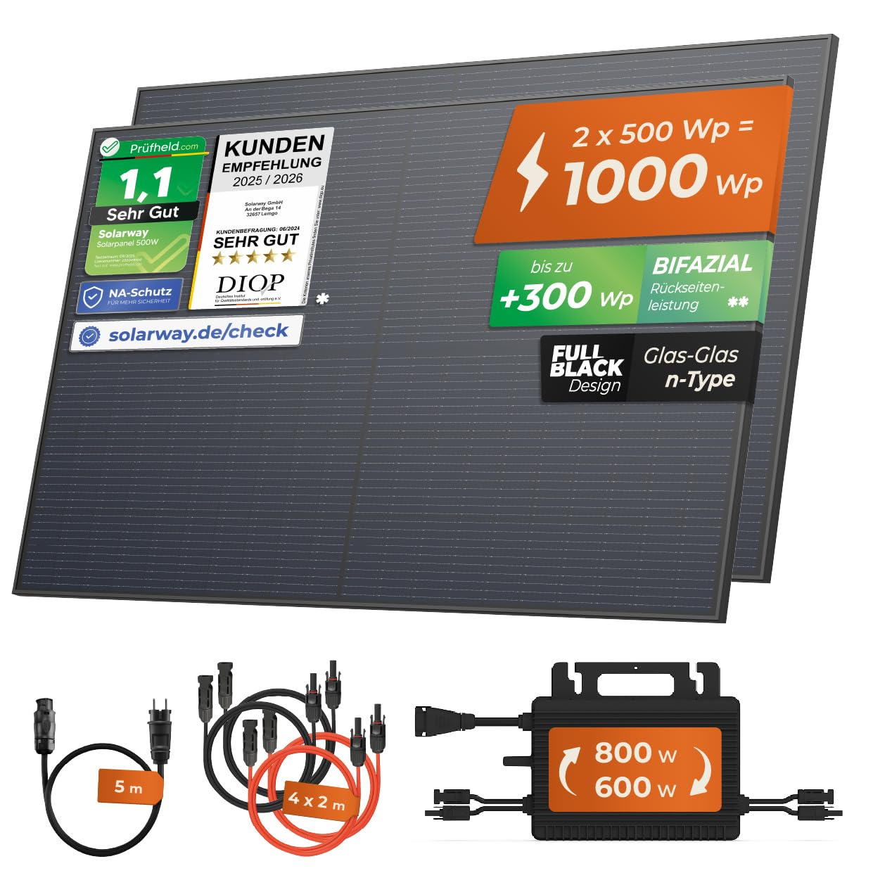 Hoymiles HMS-800W-2T Wechselrichter – 2× 500W bifaziale Black Solarpanels