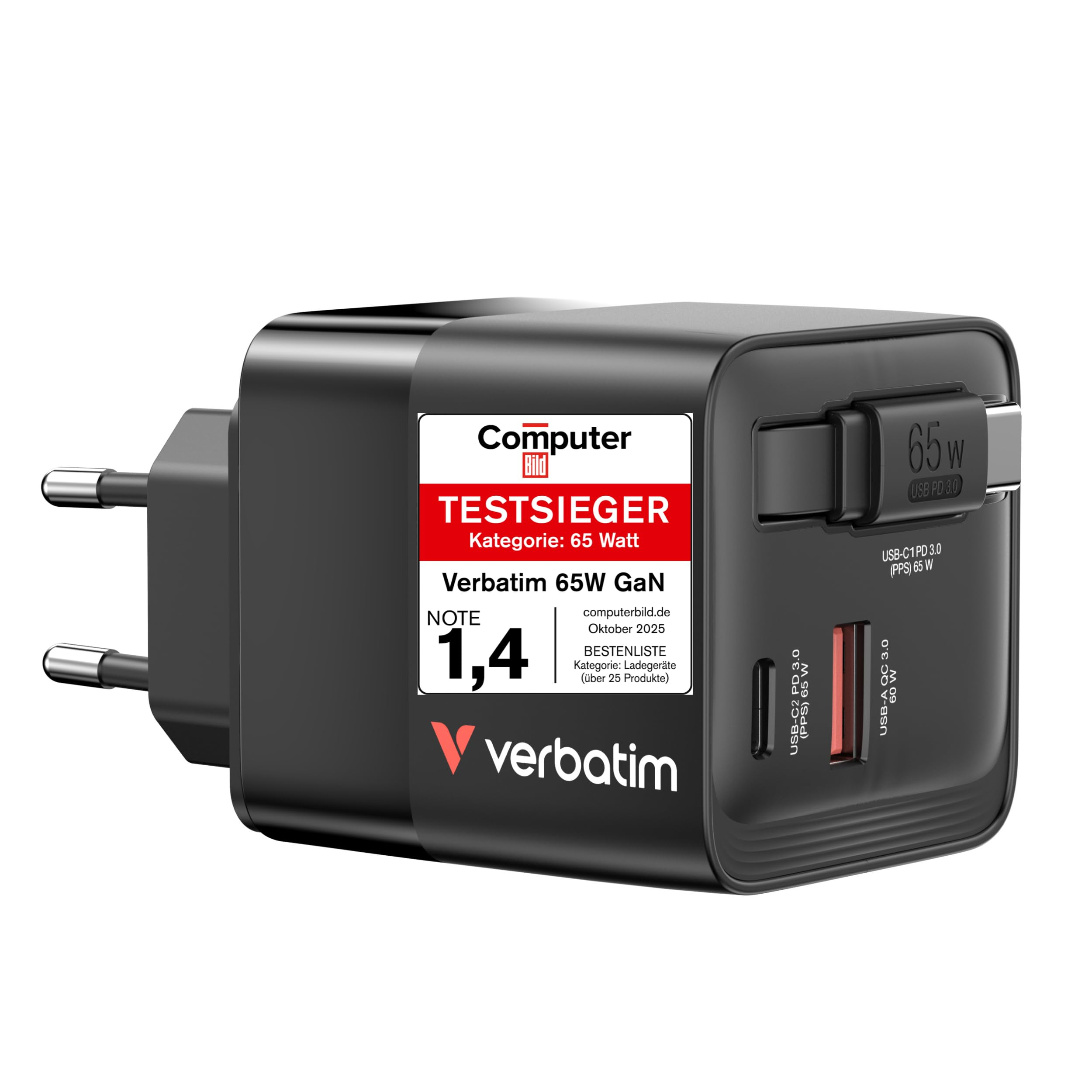 Verbatim 65 Watt Ladegerät GaN mit 2 Ports & integrierten Kabel+ Reiseadapter für 23€ (-33%)