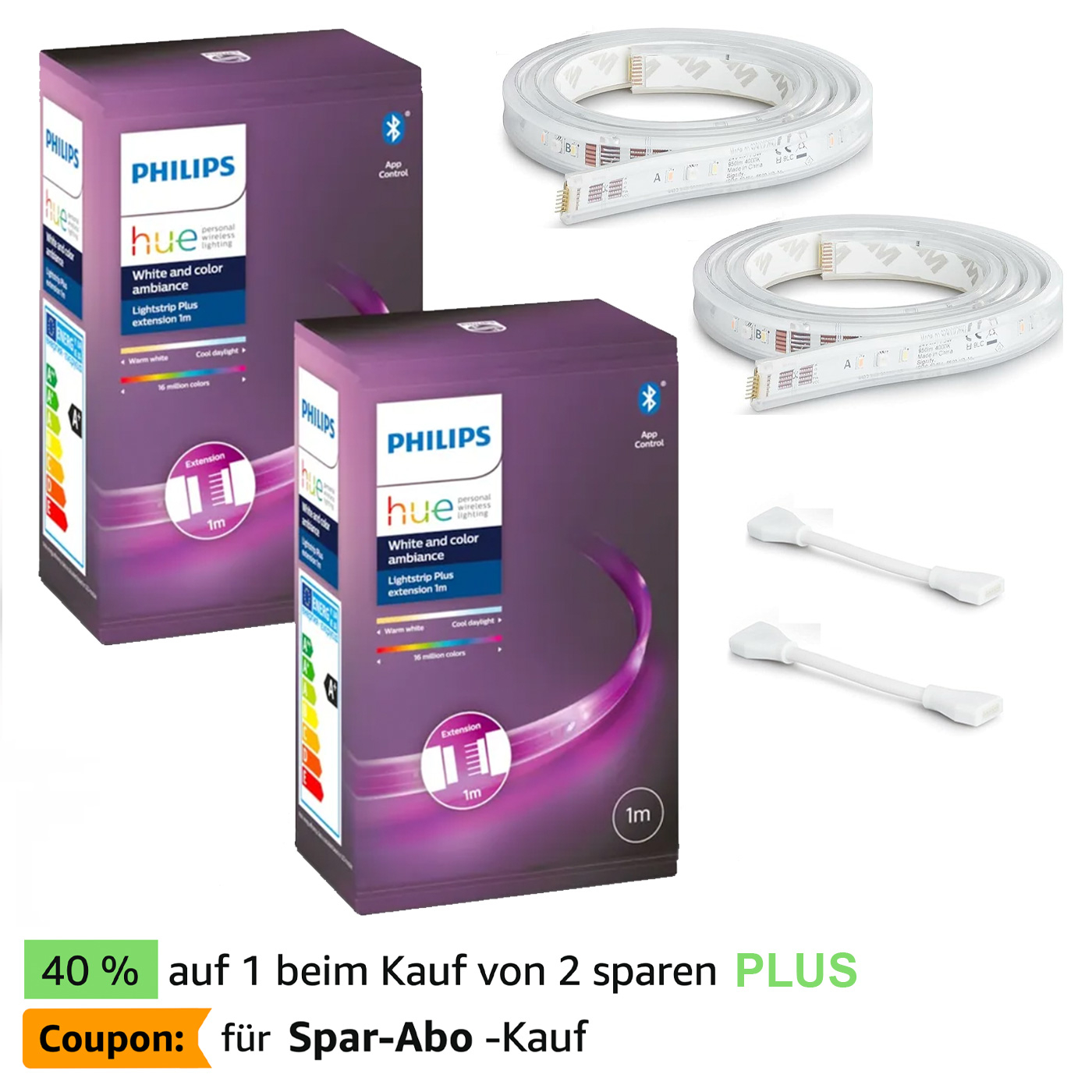 2x Philips Hue Lightstrip Plus V4 1m (10,77€ je Erweiterung), 16 Mio Farben Weißtöne ( & SPARABO) Smarter LED-Strip auch einzeln 12,06€ für 22€ (-43%)