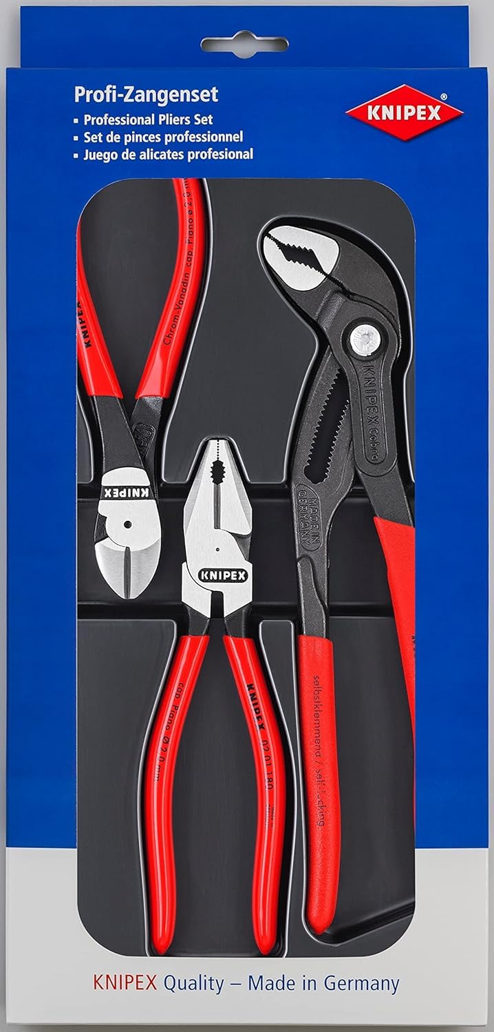[amazon] Knipex Power Set 00 20 10 Kraft-Paket 1 x Kombizange (180 mm), 1 x Cobra Wasserpumpenzange (250 mm) 1 x Seitenschneider (160 mm) für 47€ (-15%)