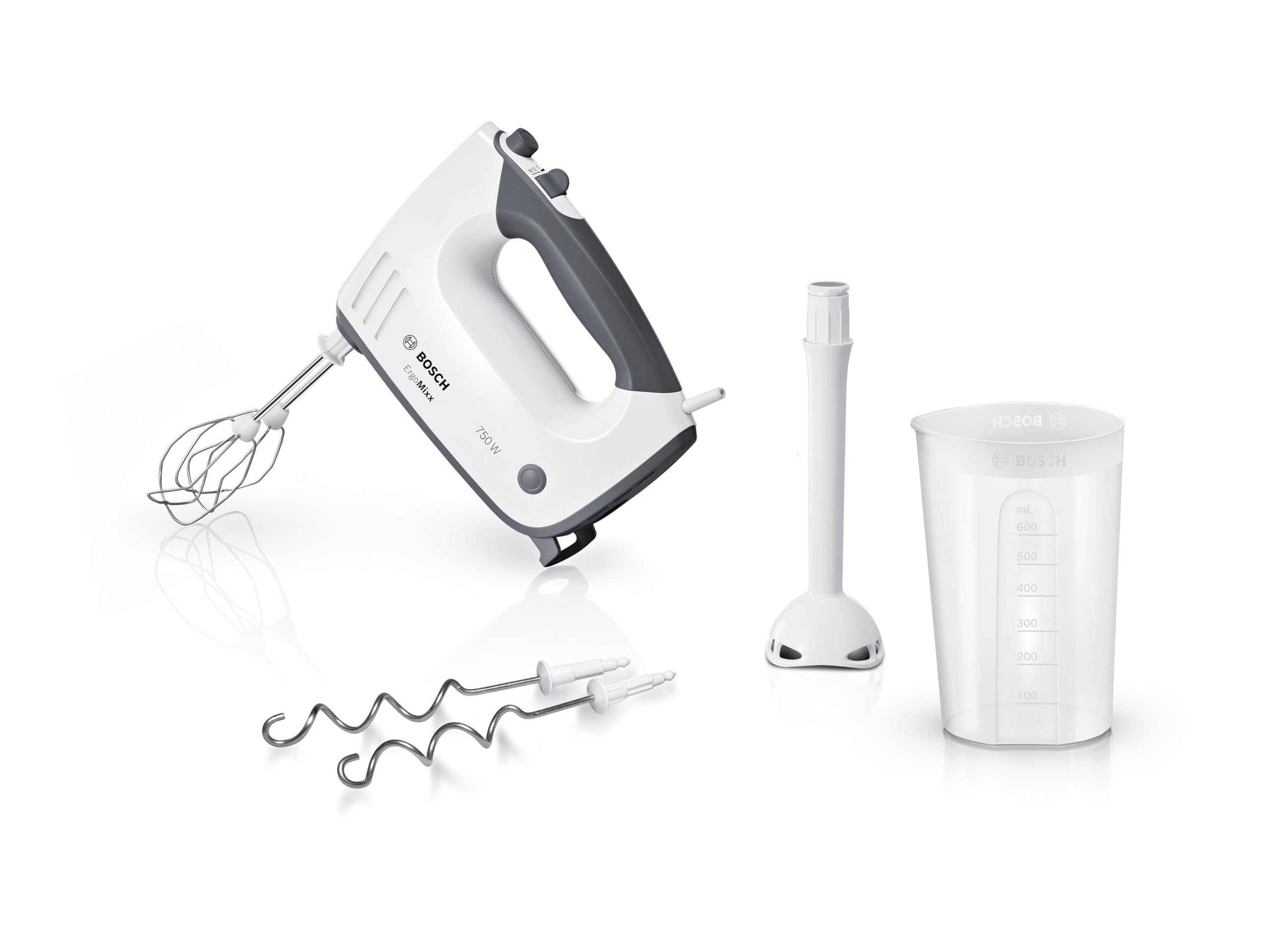 Bosch MFQ37470 Handrührgerät mit Pürierstab, Mixbecher, Edelstahl Rührer, Knethaken 750W für 47€ (-28%)