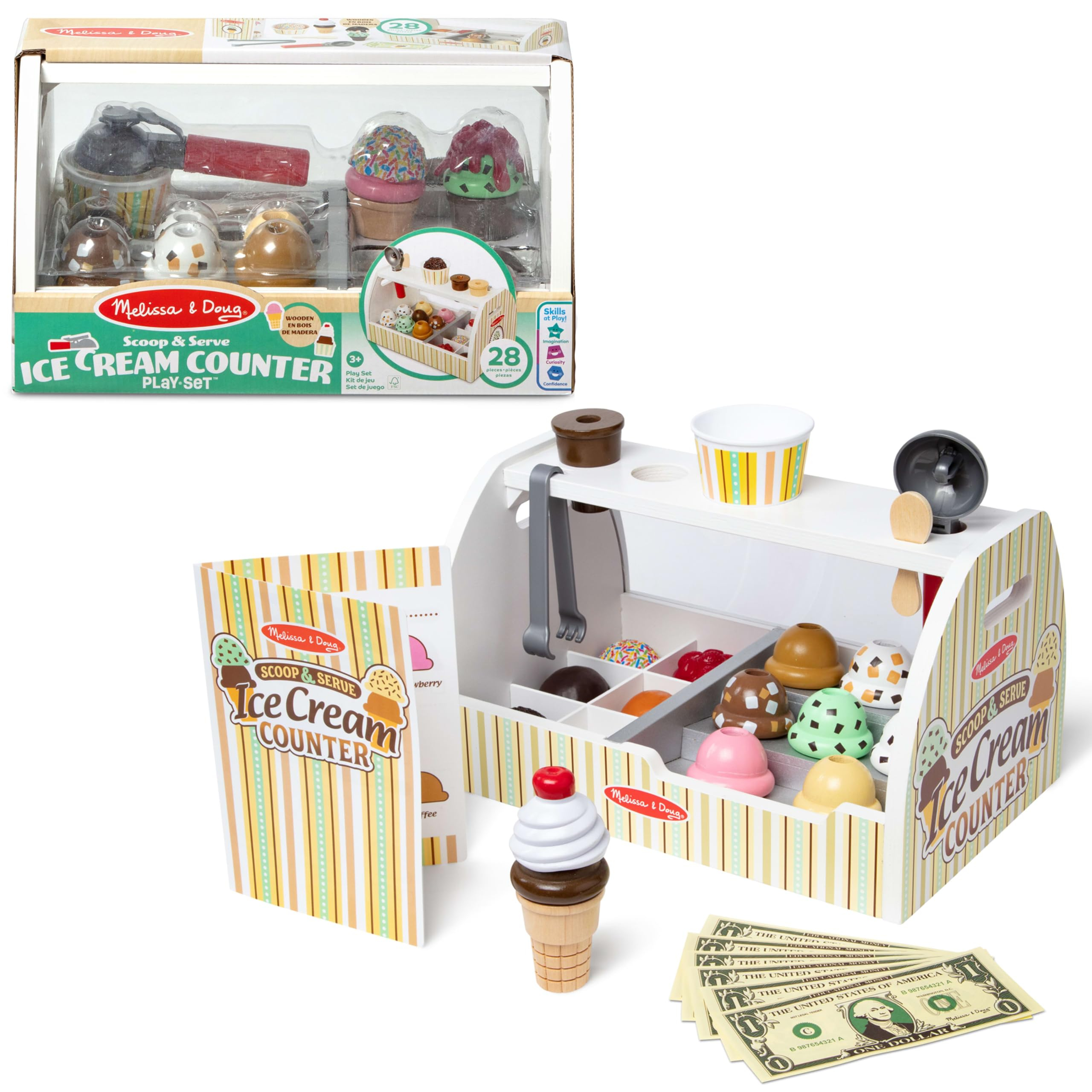 Melissa & Doug – Eisdiele aus Holz, 28-teilig, Eisdielen mit 8 Sorten Eiscreme, Eistüten, Eisbecher, Spielgeld inklusive, ab 3 Jahre für 28€ (-31%)