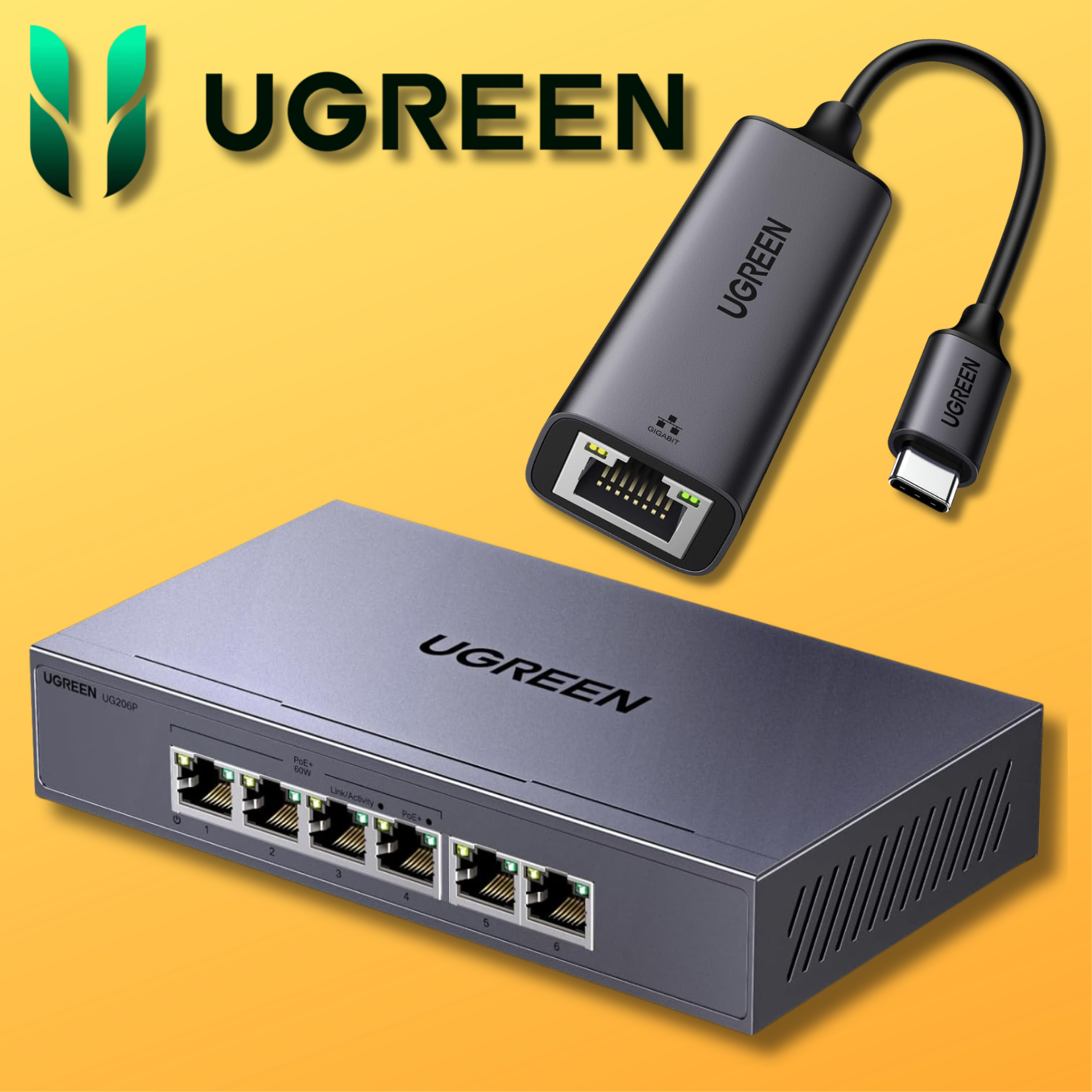Ugreen LAN-Produkte | USB-C Ethernet / LAN Adapter – 1000Mbps = 8,99€ | 6 Port PoE Switch – 4 PoE + 2 Gigabit-Ports, 60W = 21,32€ für 9€ (-28%)