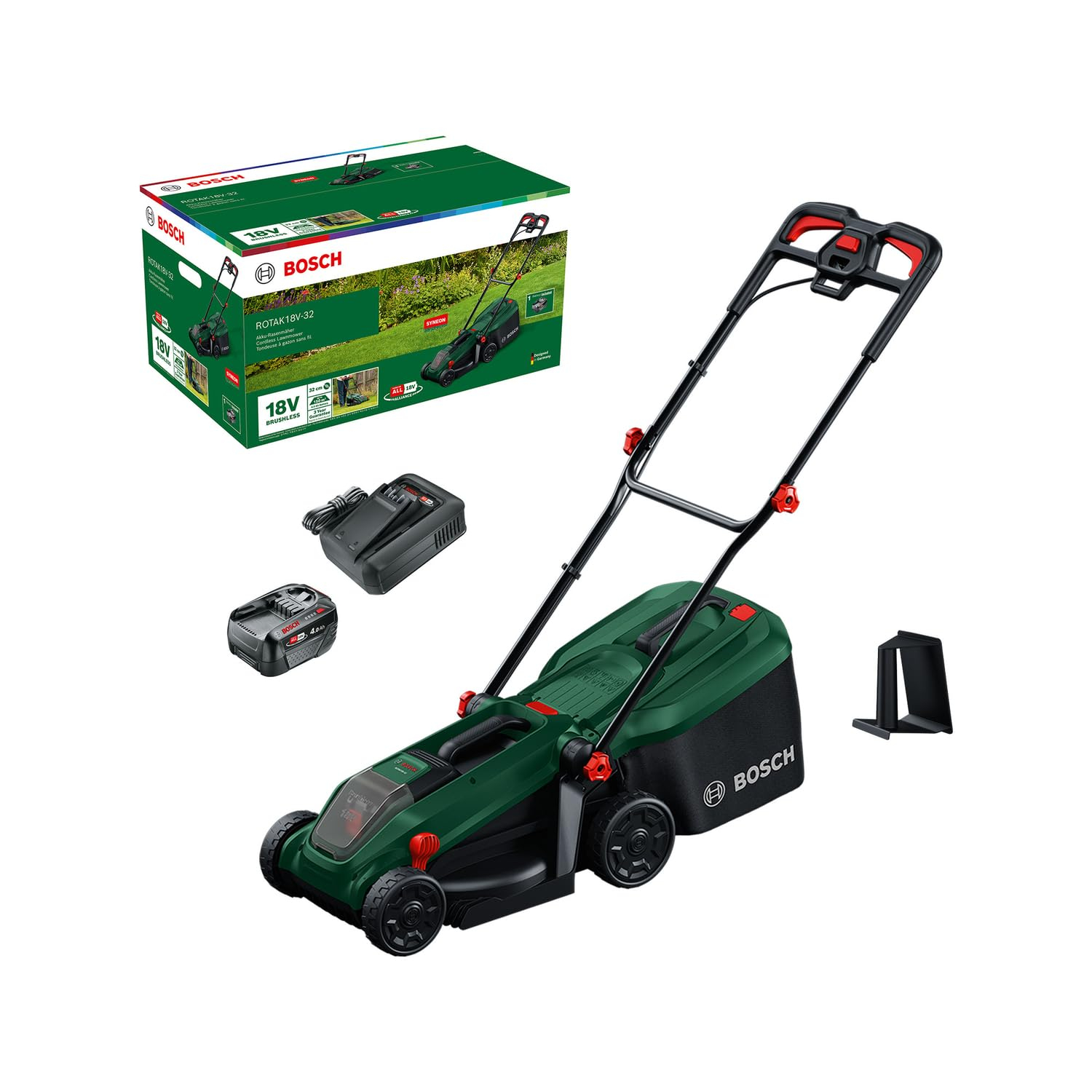 Bosch Akku-Rasenmäher ROTAK18V-32 (Schnittbreite: 32cm, Schnitthöhe: 25-65mm, 35l Stoff-Grasfangkorb, Mulchstopfen, inkl. Akku & Ladegerät) für 151€ (-15%)