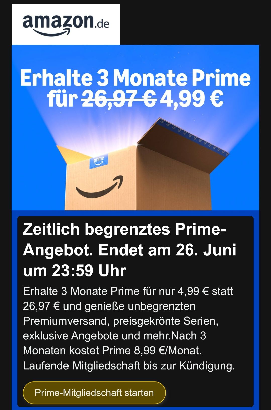 !Personalisierte Email, kein Link! Amazon um 4,99 für 3 Monate für 5€ (-81%)
