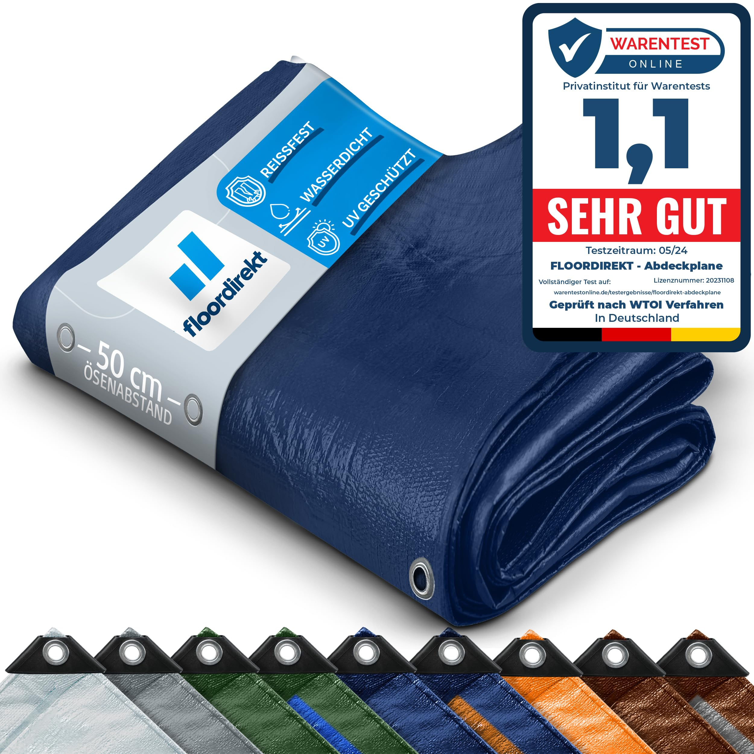 Floordirekt Abdeckplane für Camping & Outdoor Garten wasserdichte, Viele Größen & Farben 4x6m 24m² 140 g/m², Blau für 12€ (-58%)