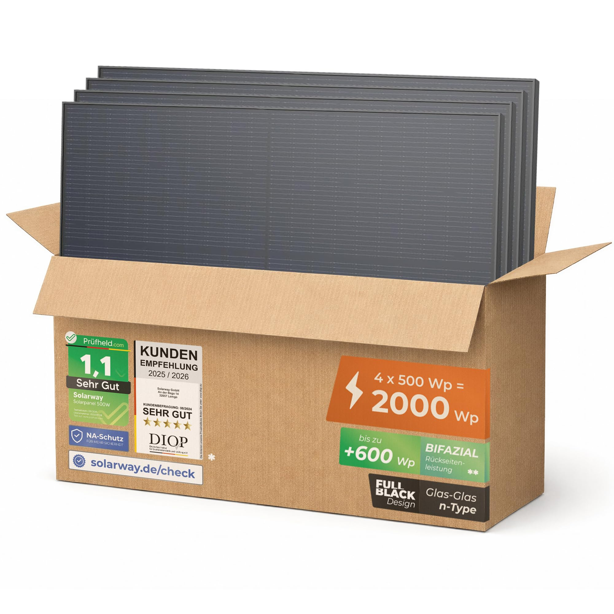 Solarway 4x 500W / 2000wp Solarpanel Full Black Bifazial Glas/Glas PV Panel für Balkonkraftwerk Versandkostenfrei! AMAZON für 359€ (-10%)