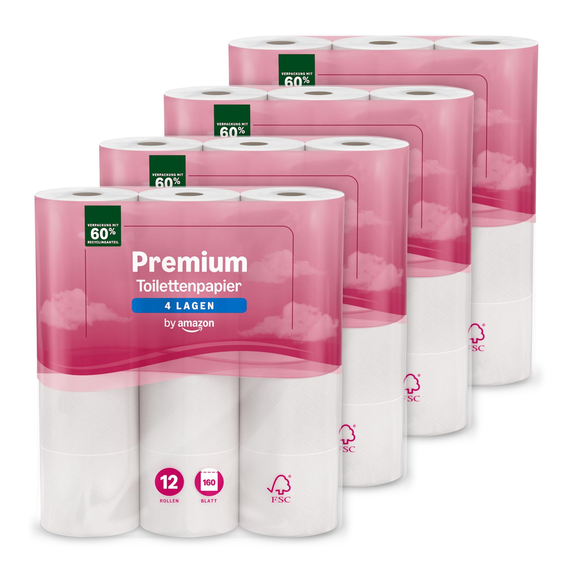 Toilettenpapier by amazon, 4lagig, 48 Rollen, 160 Blatt pro Rolle (ca. 23 Ct pro 100 Blatt) [Sparabo m. ggf. personalisiert]
