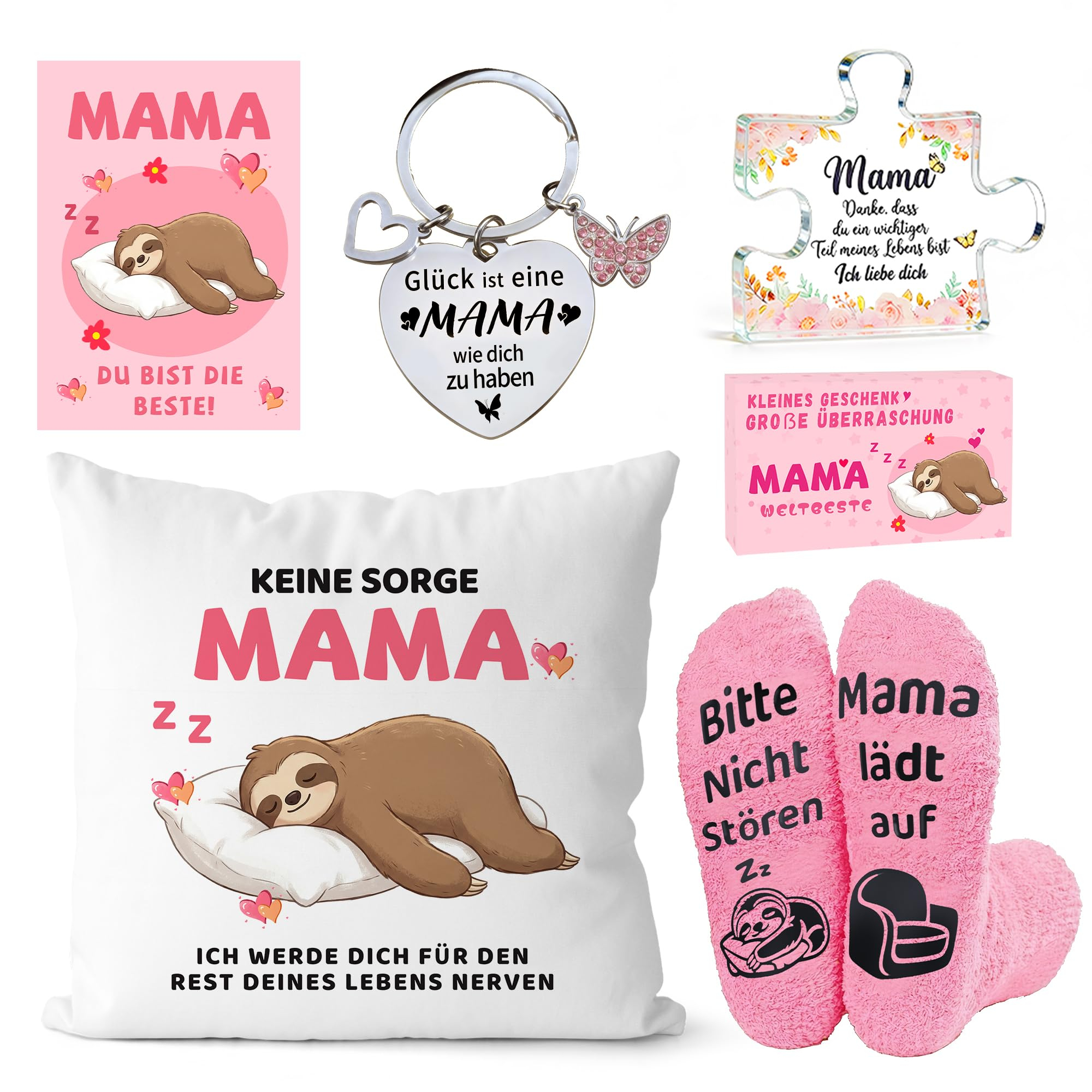 Muttertagsgeschenkset mit Kissenbezug, Kuschelsocken, Acryl mit liebevollem Spruch & Schlüsselanhänger (China Händler) für 5€ (-51%)