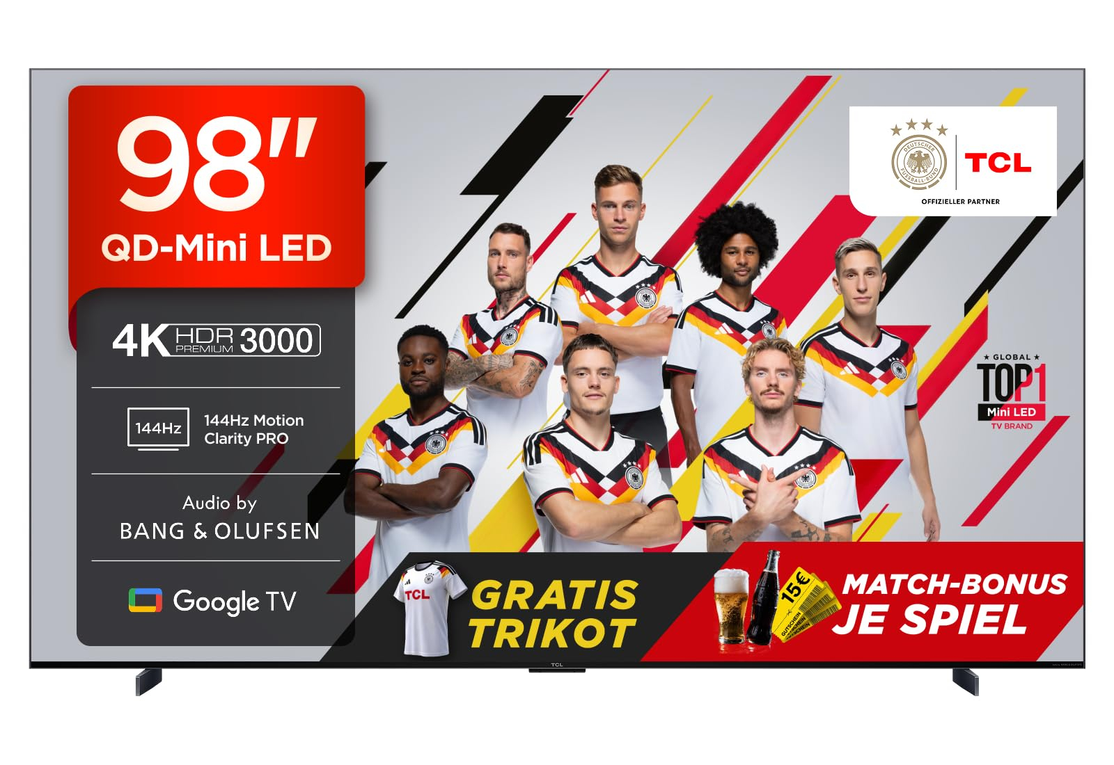 TCL 98C7K 98 Zoll QD-Mini LED Fernseher, 4K HDR Premium 3000, Smart Google TV mit 144Hz für 1814€ (-14%)
