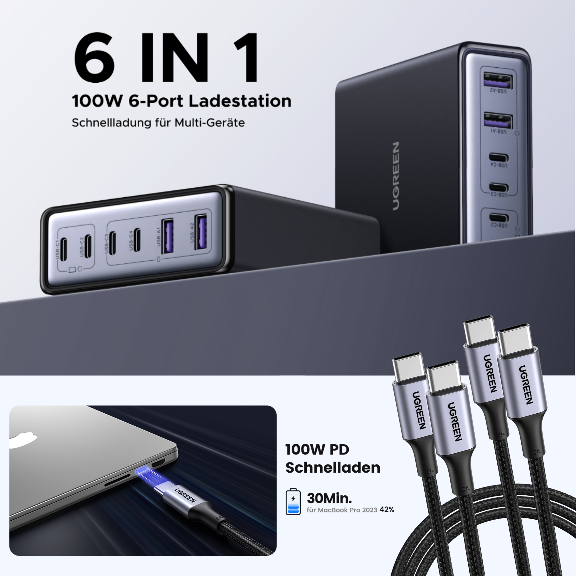 UGREEN 100W 6-in-1 Tischladegerät und Doppelpack USB-C Ladekabel | Sammeldeal – für 32€ (-23%)