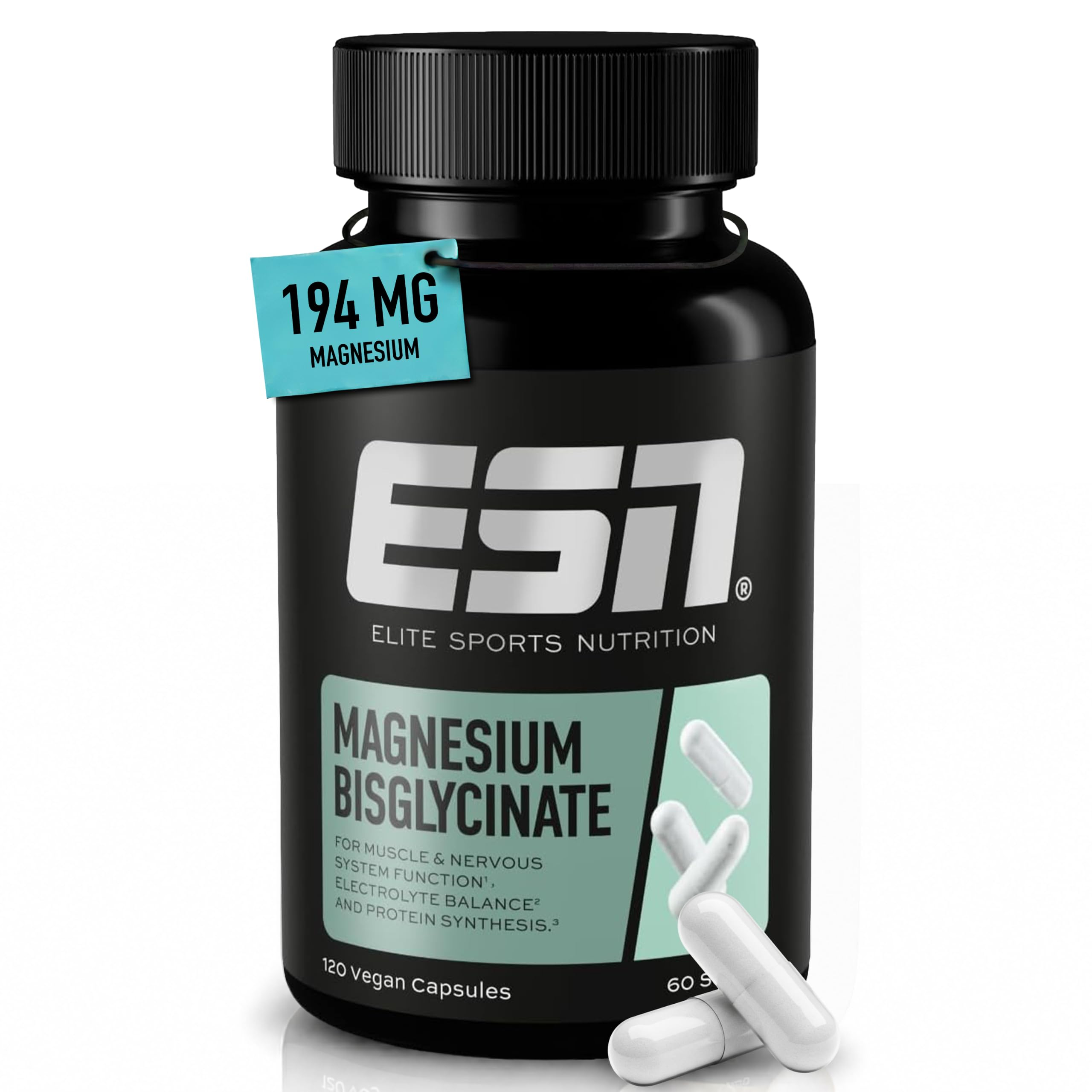 ESN Magnesiumbisglycinat Kapseln | 194mg pro Tagesportion, hochwertige Chelat-Form, Made in Germany, vegan, 120 Kapseln für 10€ (-51%)