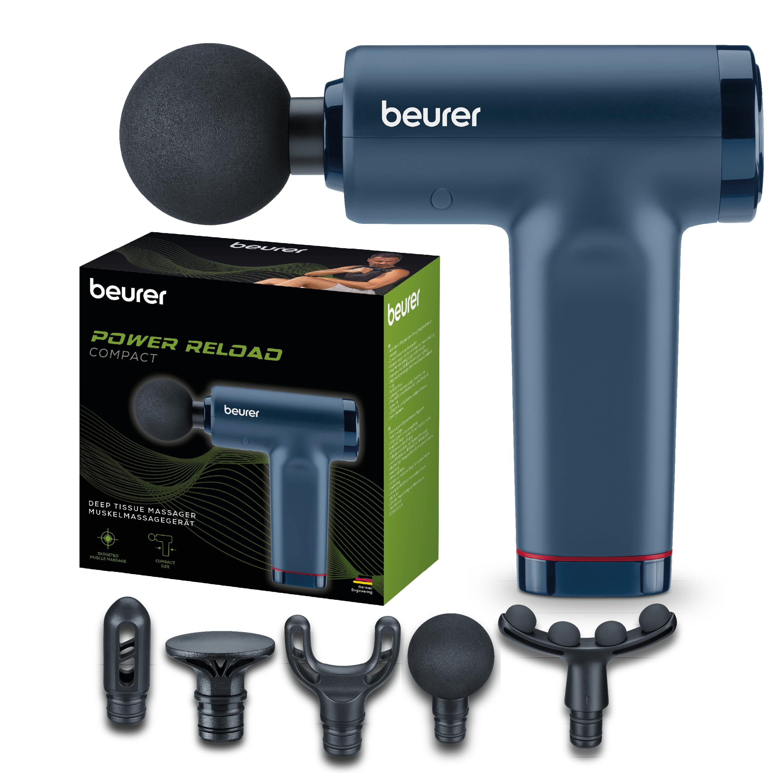 Beurer PowerReload Massagepistole blau | mit 5 Aufsätzen, 5 Intensitätsstufen | extrem leise & Akku bis zu 4h [ und beurer.de mit CB] für 40€ (-27%)
