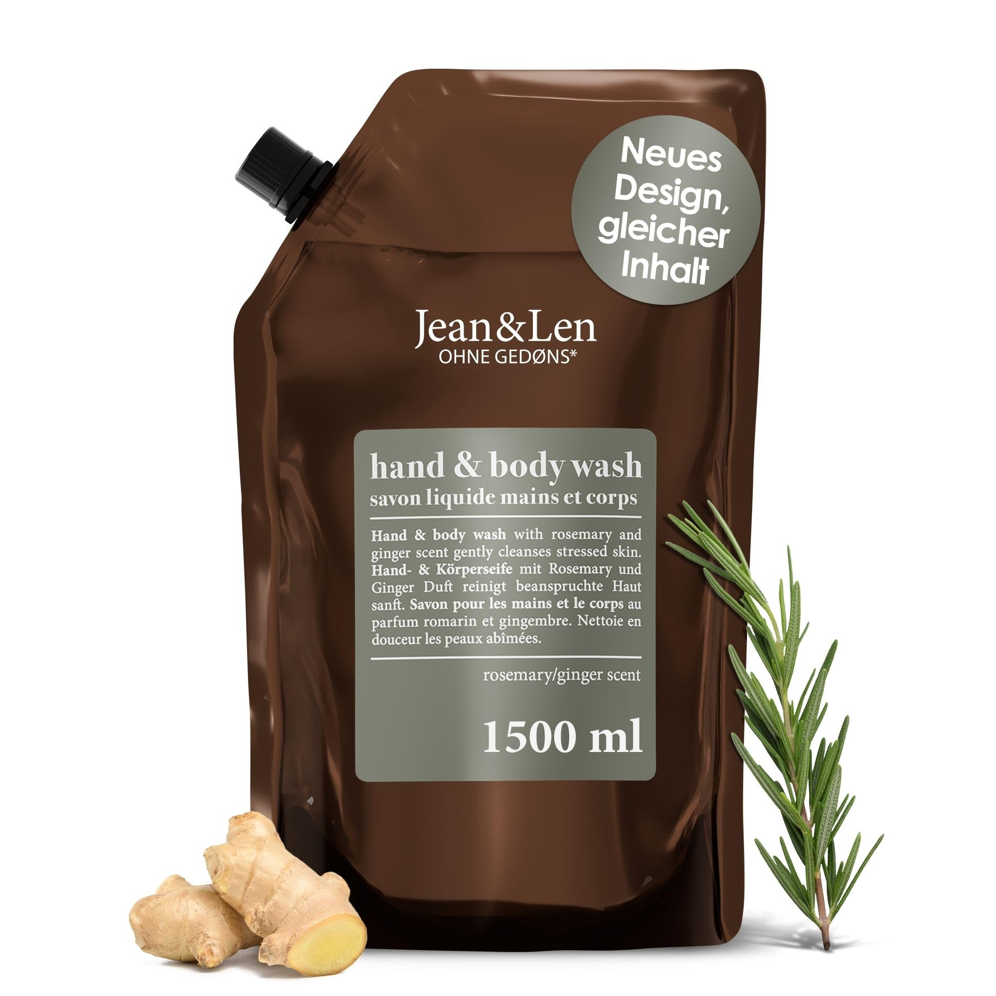 [Amazon Sparabo] Jean & Len Hand & Body Wash Rosemary und Ginger 1500ml | Flüssigseife Nachfüllpack, ohne Silikone & Parabene für 9€ (-40%)
