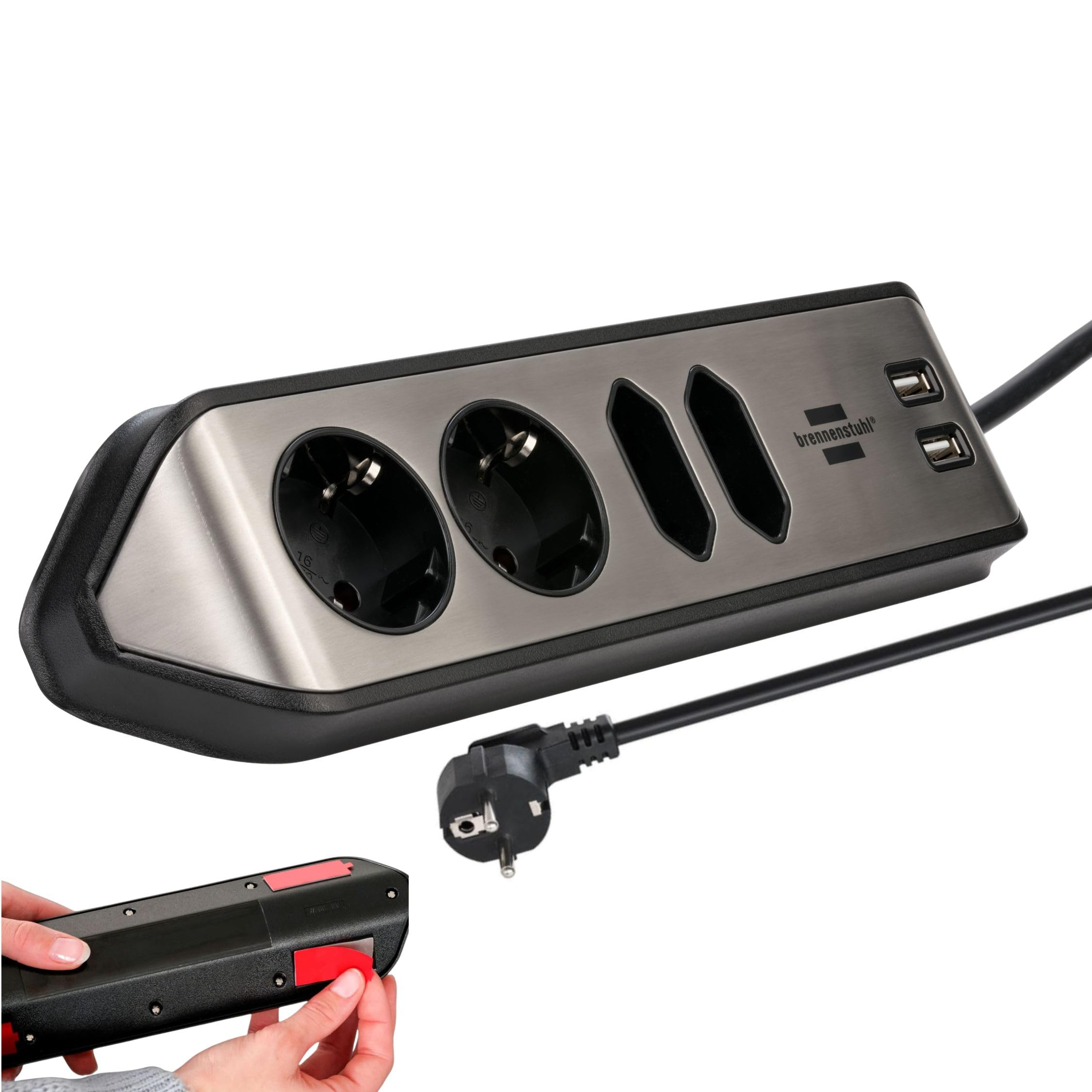 : Brennenstuhl Estilo Ecksteckdosenleiste 4-Fach (Edelstahloberfläche, mit 2X Schko, 2X Euro-Steckdosen, 2XUSB) Silber/schwarz für 17€ (-19%)