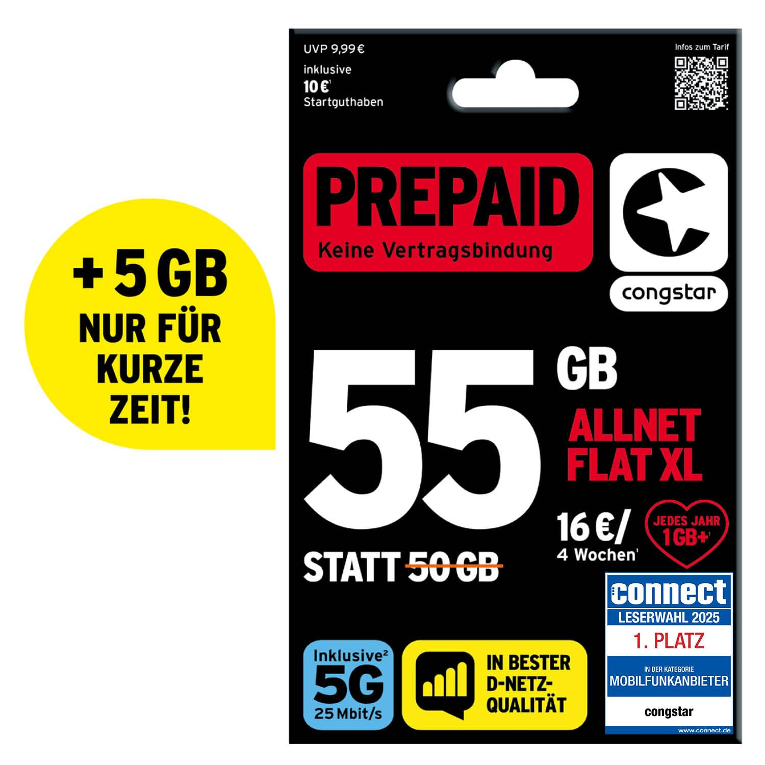 Amazon Day: Congstar Prepaid Karten für nur Versand & bis zu 16 € Startguthaben für bis zu 55 GB Datenvolumen für 1€ (-86%)