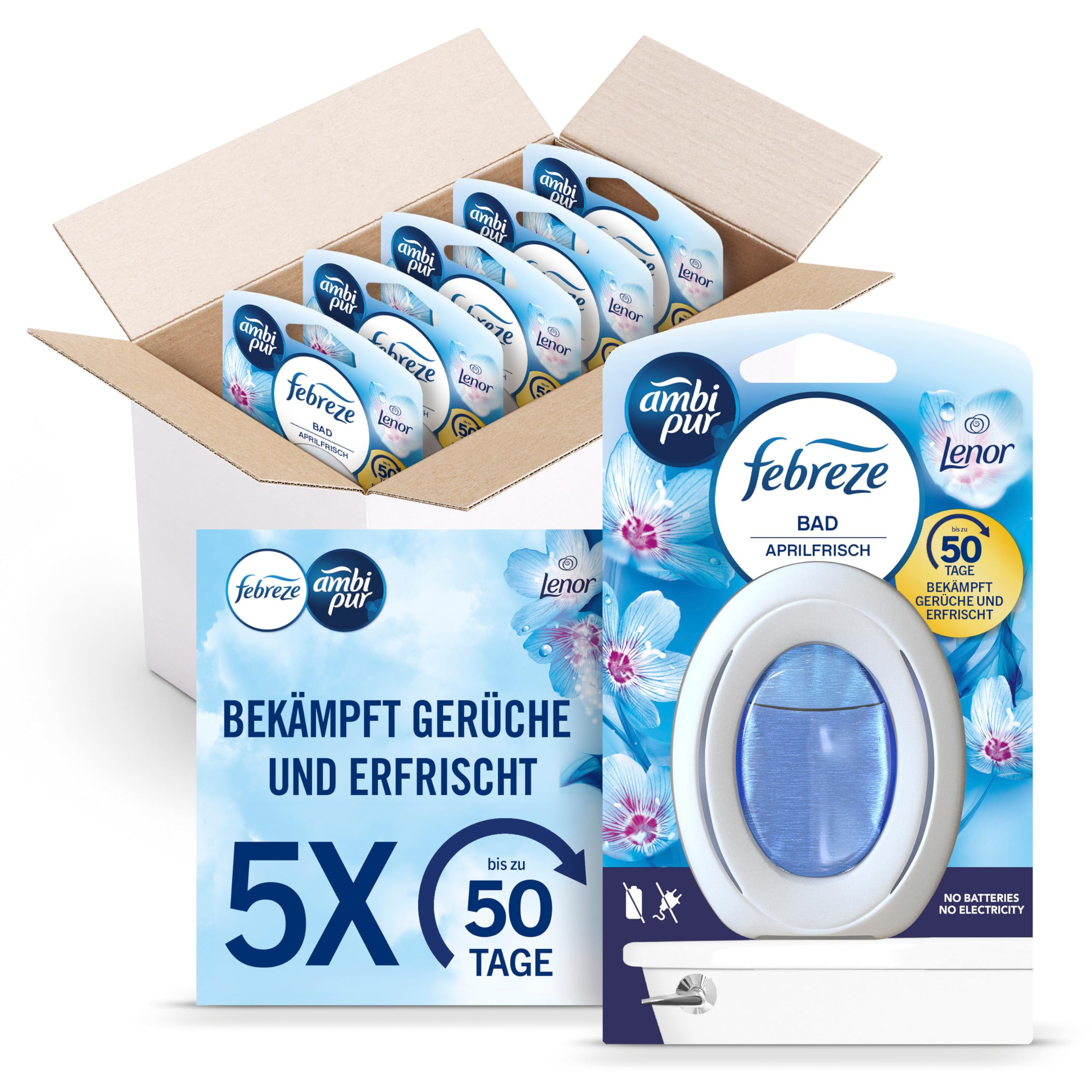 Febreze Bad Lufterfrischer, Lenor Aprilfrisch, 5 Stück, Kontinuierliche Geruchsbekämpfung und -verhinderung für Badezimmer für 11€ (-40%)