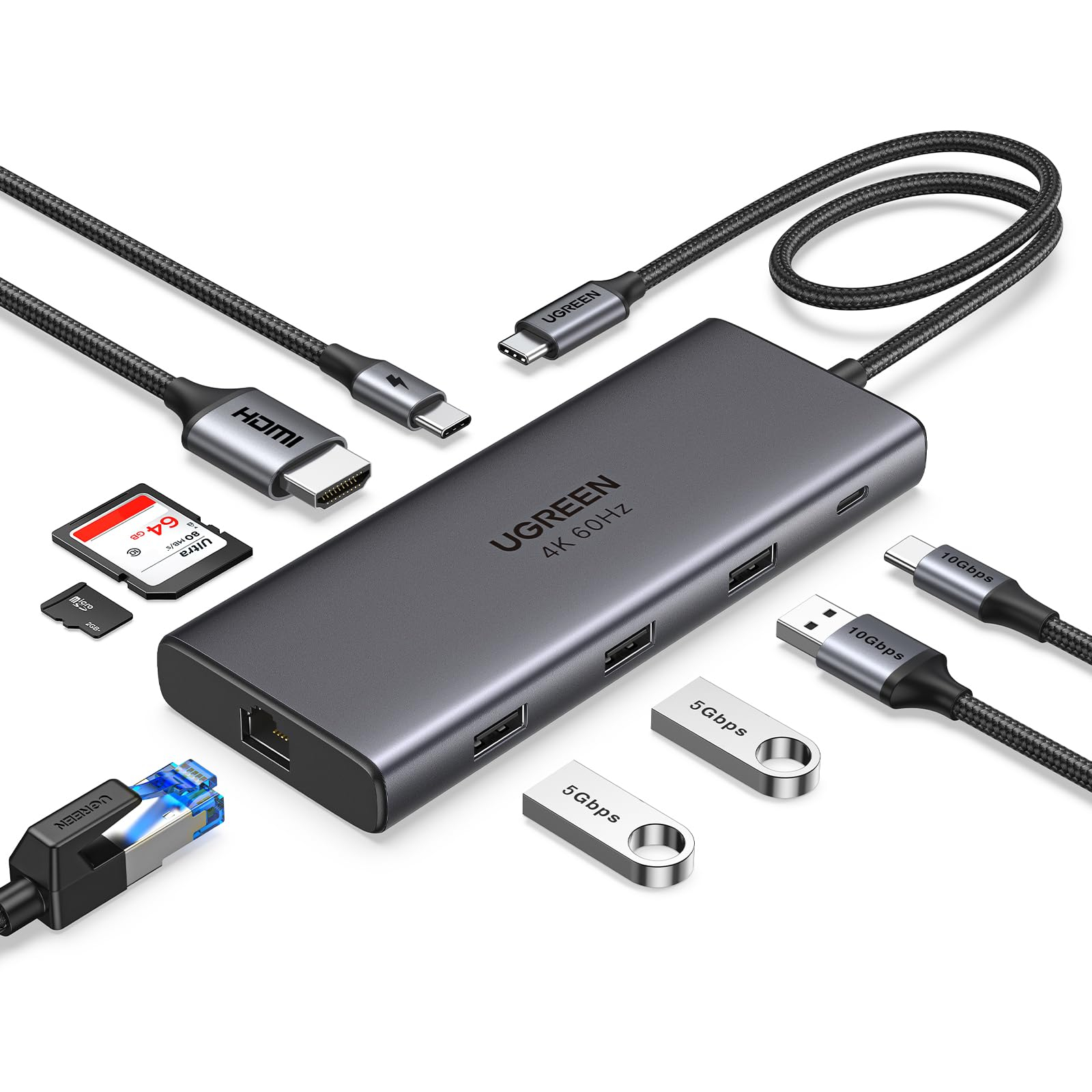 UGREEN Revodok Pro 109 USB-C Hub, 9-in-1, HDMI 4K@60Hz, PD 100W, Gigabit Ethernet, 10 Gbps, D/microSD/SDHC/SDXC für 27€ (-21%)