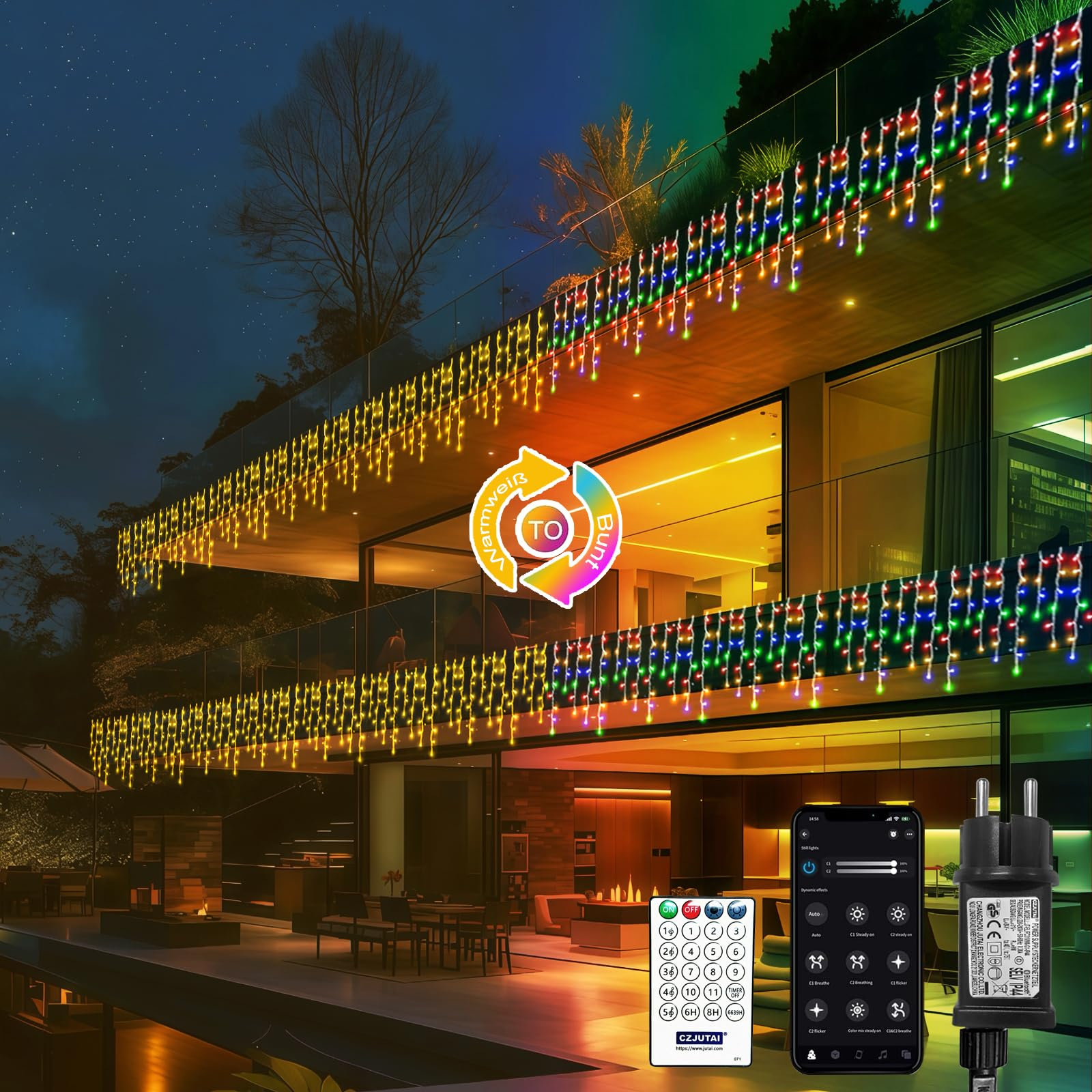 Eisregen Lichterkette mit App Steuerung, Warmweiß und Bunt, IP44 wasserdicht, 17 Modi, 15m lang (China Händler) für 6€ (-40%)