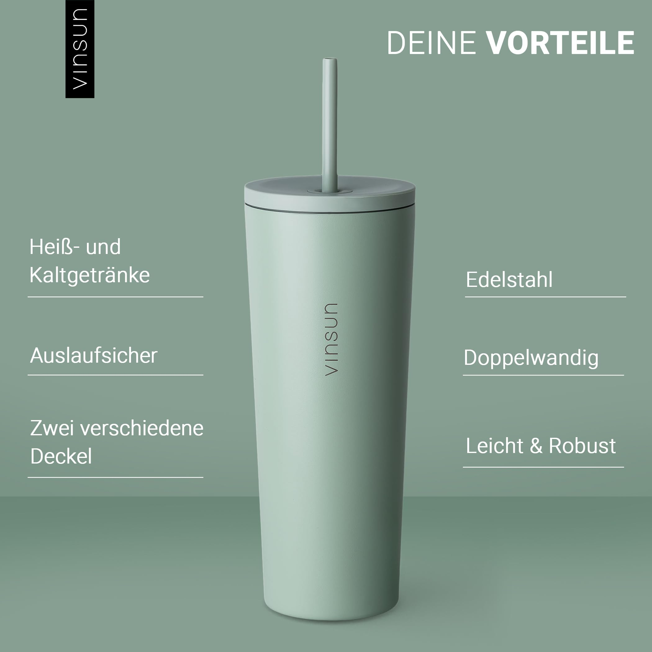 Thermobecher mit Strohhalm 720ml – Edelstahl – NUR GRÜN für 9€ (-64%)