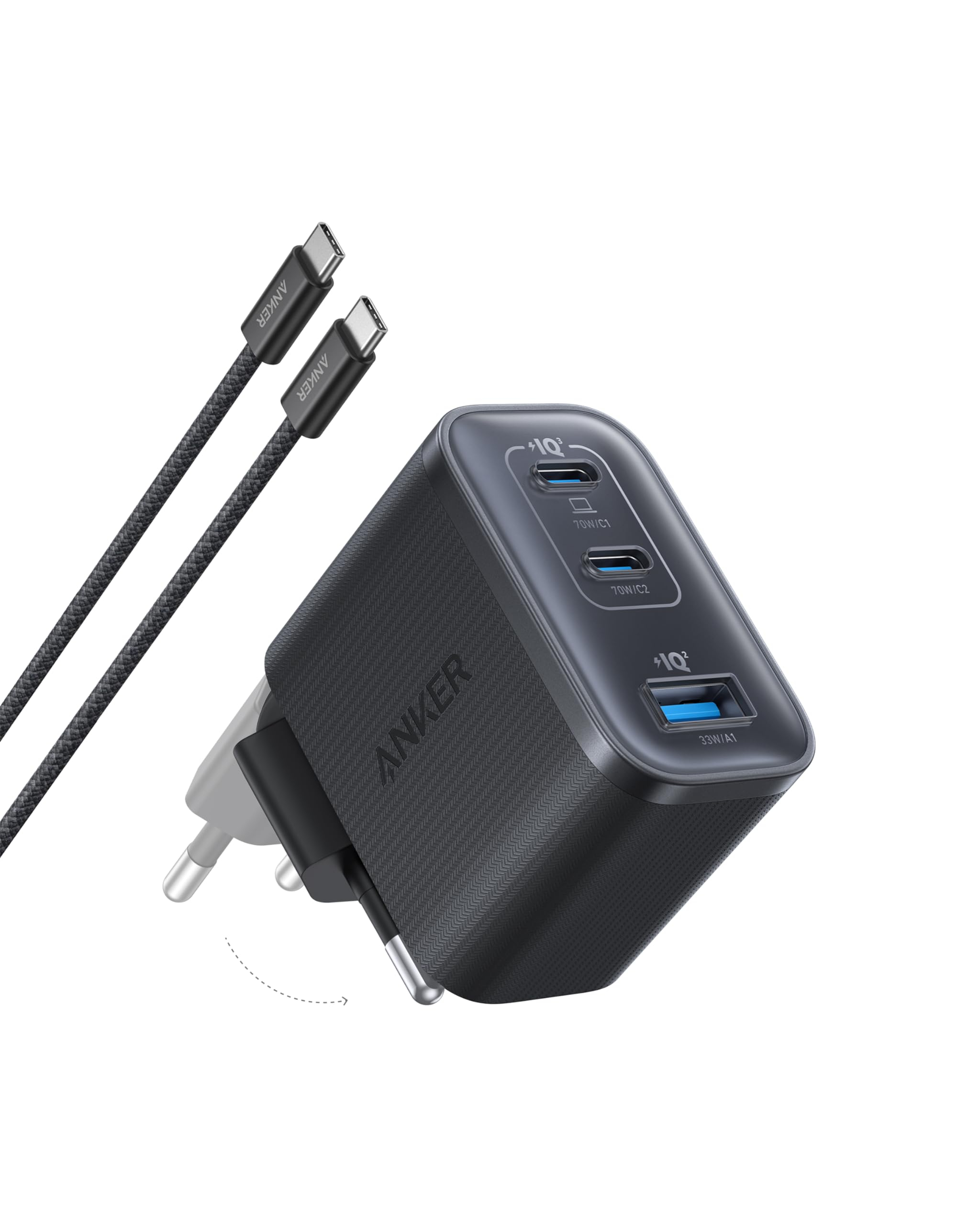 Anker Nano 70W GaN Ladegerät (3-Port, USB-C PD, geflochtenes Kabel inklusive) – Bestes Netzteil der 70W-Klasse für 30€ (-40%)