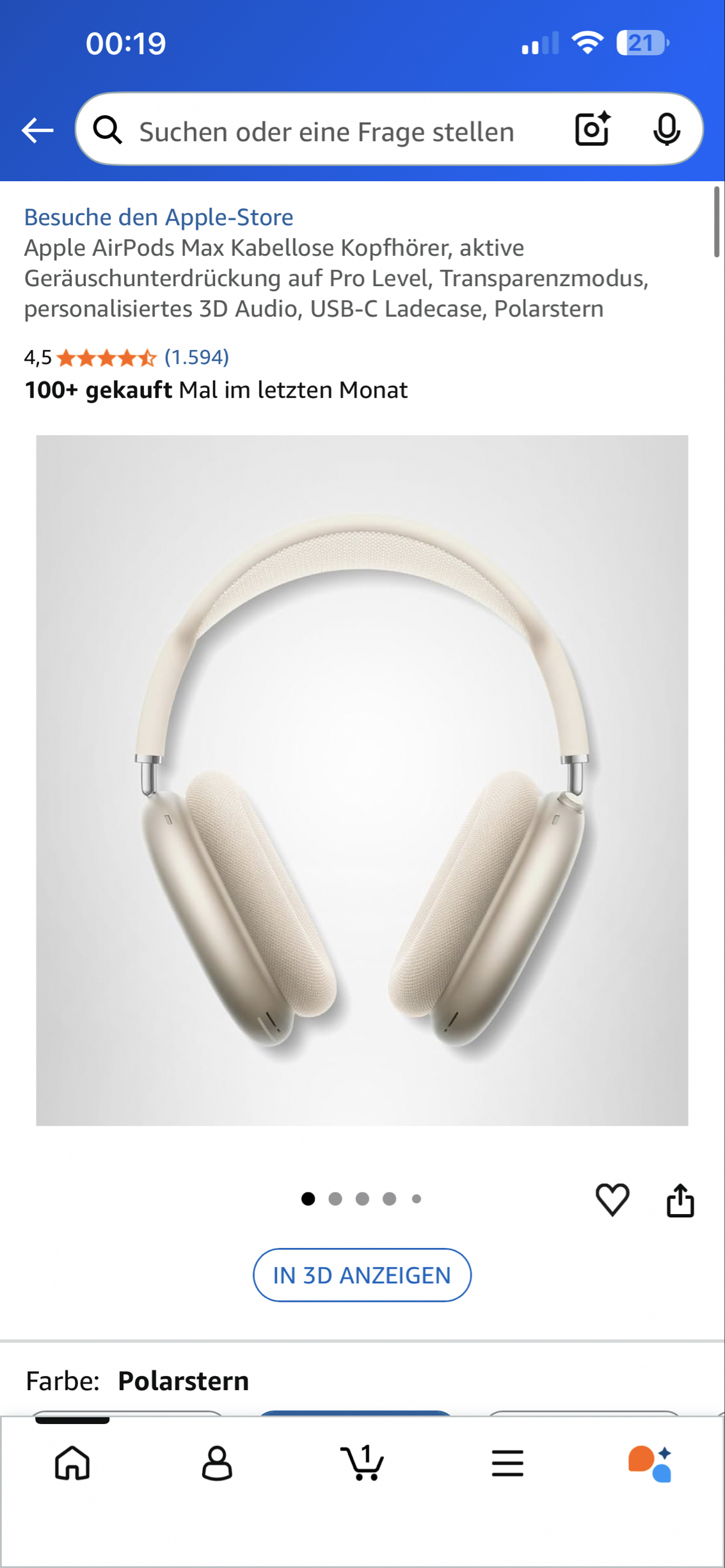 [Amazon Retourenkauf] Apple AirPods Max Kabellose Kopfhörer, USB-C, Polarstern – Zustand „wie neu“ -Neupreis: 449€ für 311€ (-15%)