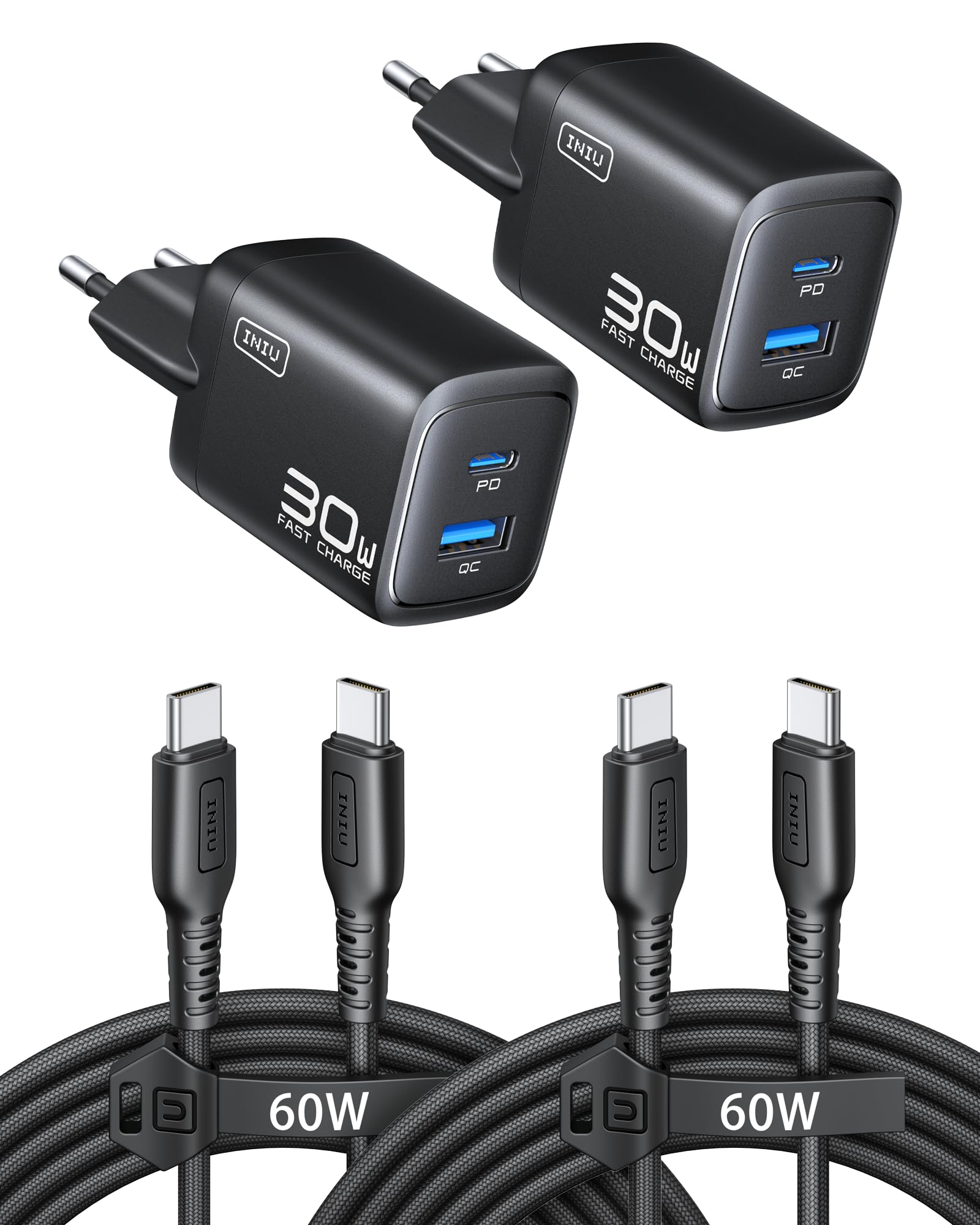 INIU 30W USB C Ladegerät, GaN Schnellladegerät mit 1,5m 60W Kabel, Dual-Port Netzteil mit Geräteschutz [2-Pack Schwarz] @ für 15€ (-24%)