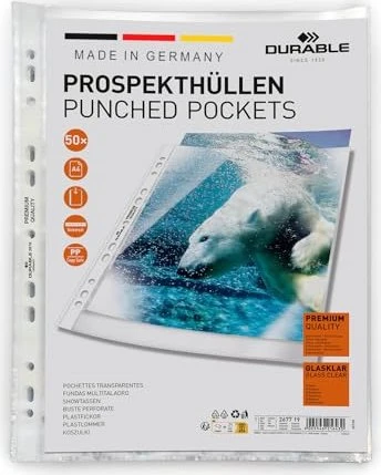 Durable Premium Klarsichtfolien glasklar, A4, 50 Stück für 5€ (-17%)