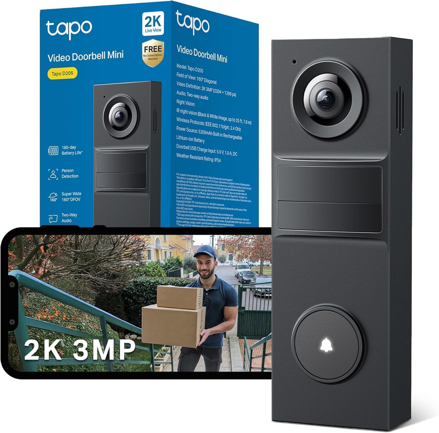 Tapo D205 2K Akku-Videotürklingel mit 160° Weitwinkel, Zwei-Wege-Audio, Lokale Speicherung auf microSD, für Kunden für 33€ (-29%)