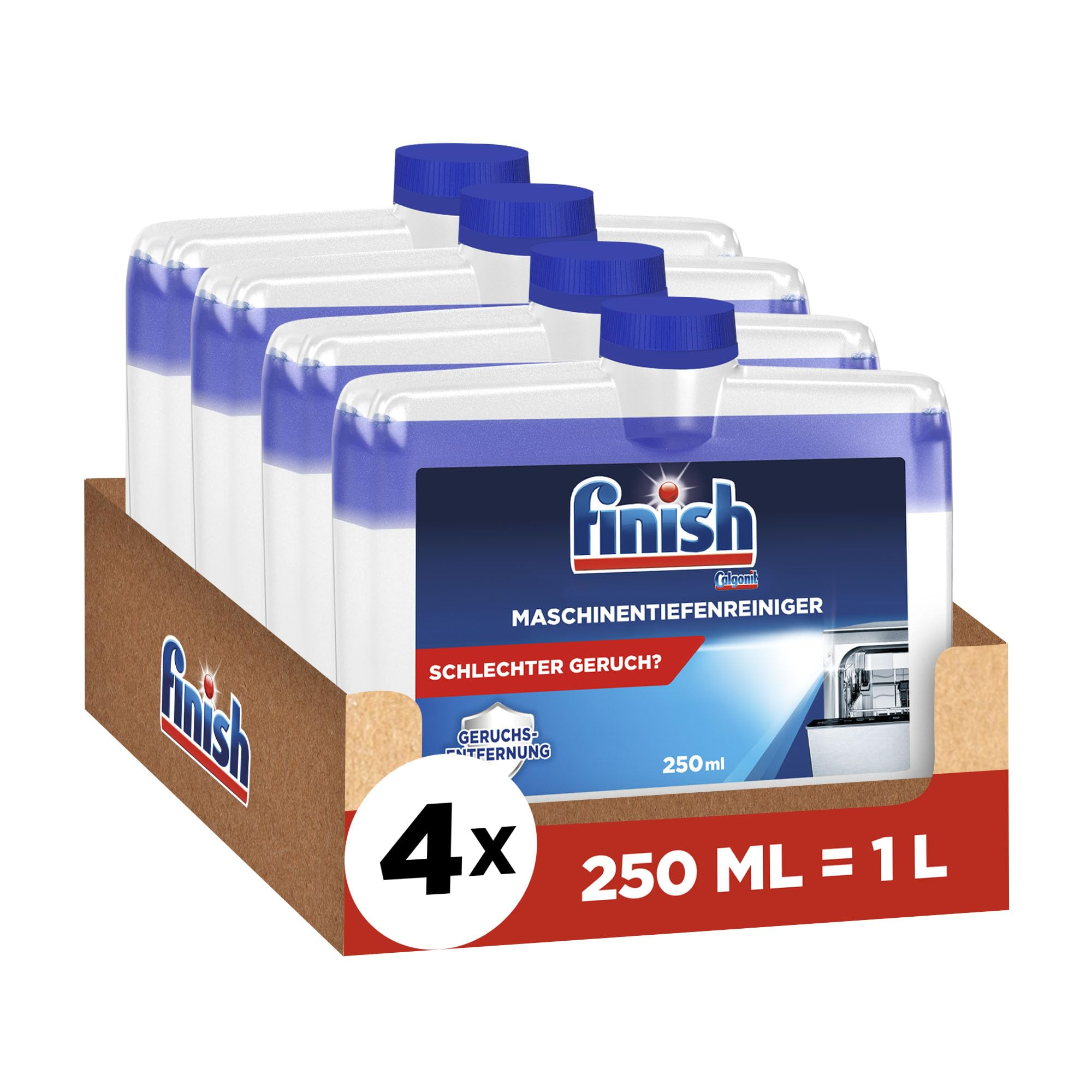 Finish Maschinentiefenreiniger – Flüssiger Maschinenreiniger gegen Kalk und Fett für eine saubere Spülmaschine 4x250ml für 8€ (-32%)