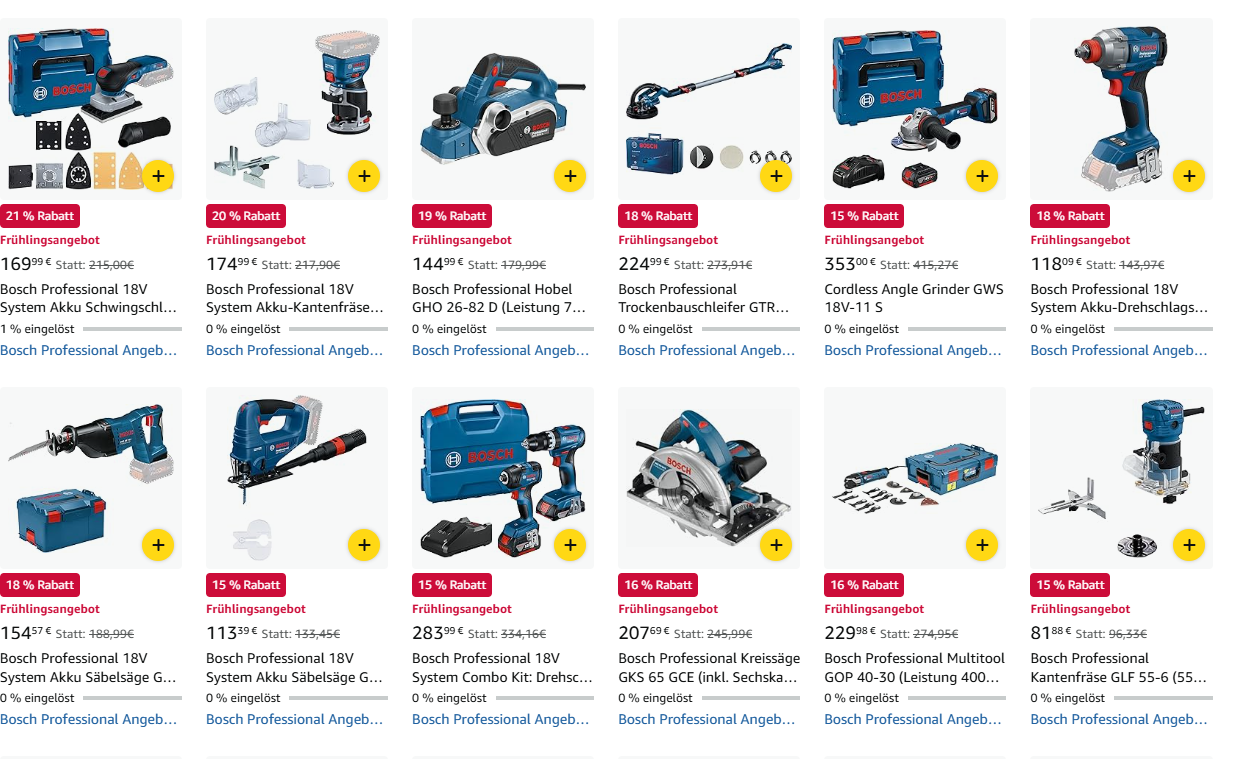 [ Frühlingsangebote] – Sammeldeal Bosch Professional 18V / Übersicht vieler 18V Akku Geräte mit Idealo Preisvergleich für 140€ (-19%)