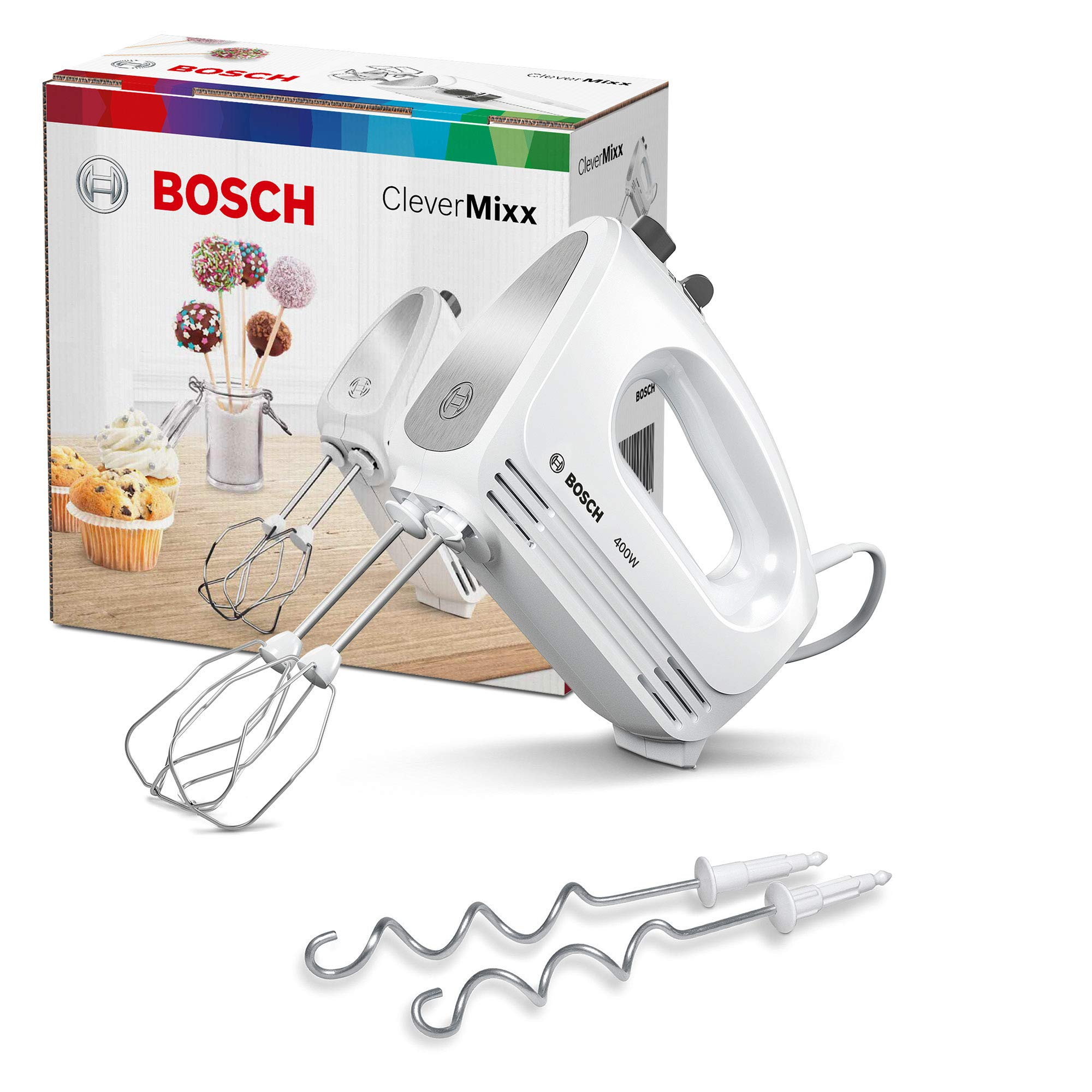 (- Retourenkauf “Wie neu“) Bosch Handrührgerät- Handmixer 400 W, 2 Rührbesen, 2 Knethaken,4 Stufen, Turbostufe, leicht, leise